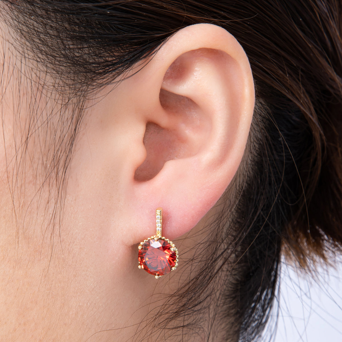 14K Gold Filled 18.5mm Red CZ Micro Paved CZ English Lock Hoop Earrings | Earrings-00176