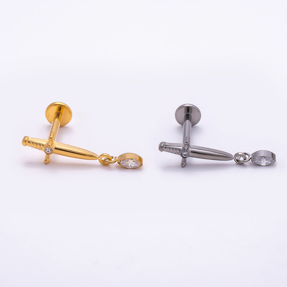 24K Gold Filled 13mm Dagger Knife CZ Drop Cartilage Piercing Flat Back Stud in Gold & Silver | Findings-00254 Findings-00255