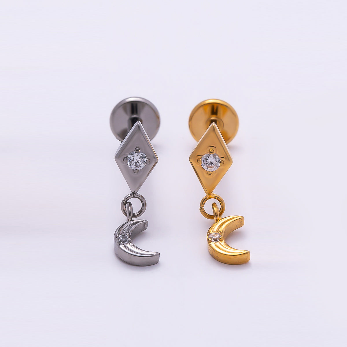 Stainless Steel 14mm CZ Crescent Moon Rhombus Drop Single Cartilage Piercing Flat Back Stud in Gold & Silver | Findings-00242 Findings-00243