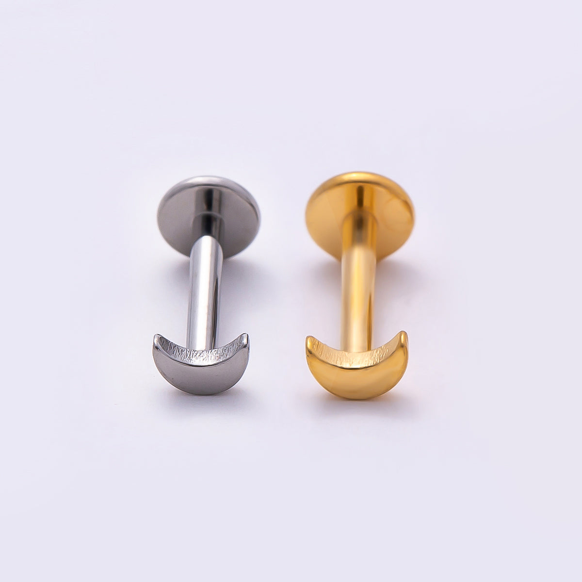 Stainless Steel 2mm Minimalist Crescent Moon Single Cartilage Piercing Flat Back Stud in Gold & Silver | Findings-00230 Findings-00231