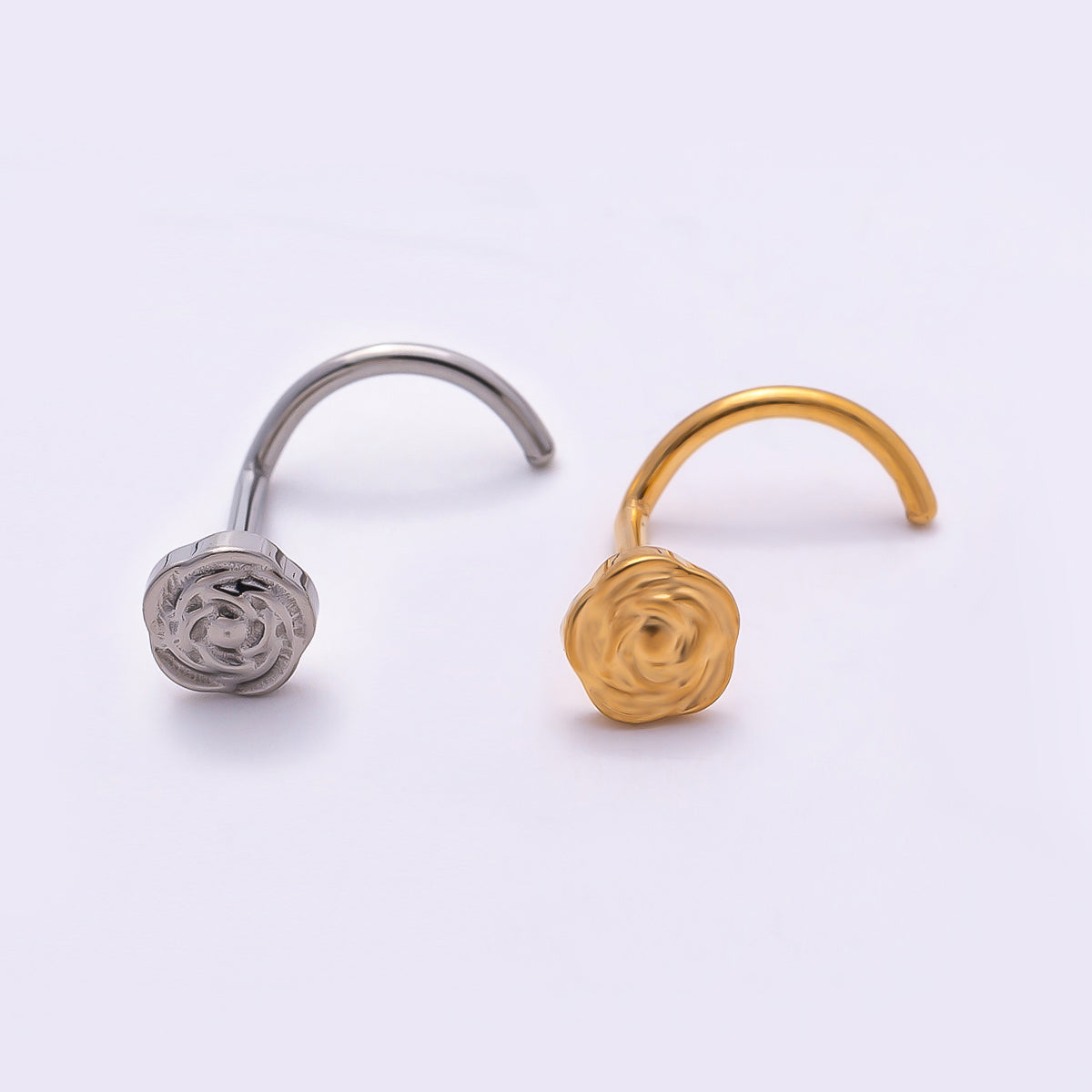 Stainless Steel 4mm Minimalist Rose Flower Cartilage Nose Single Piercing Stud in Gold & Silver | Findings-00222 Findings-00223
