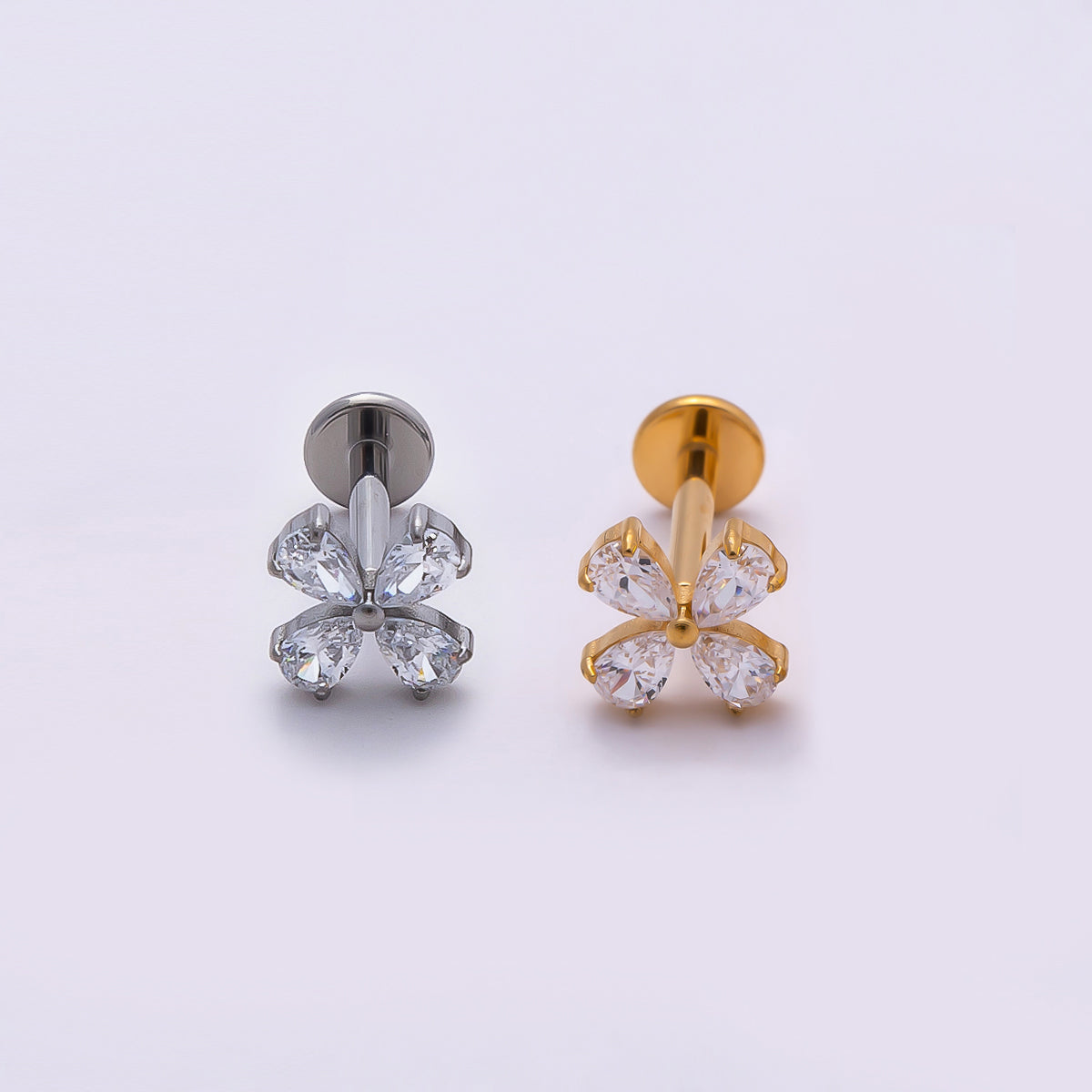 Titanium 6.7mm Clear CZ Butterfly Cartilage Piercing Flat Back Stud in Gold & Silver | Findings-00357 Findings-00358