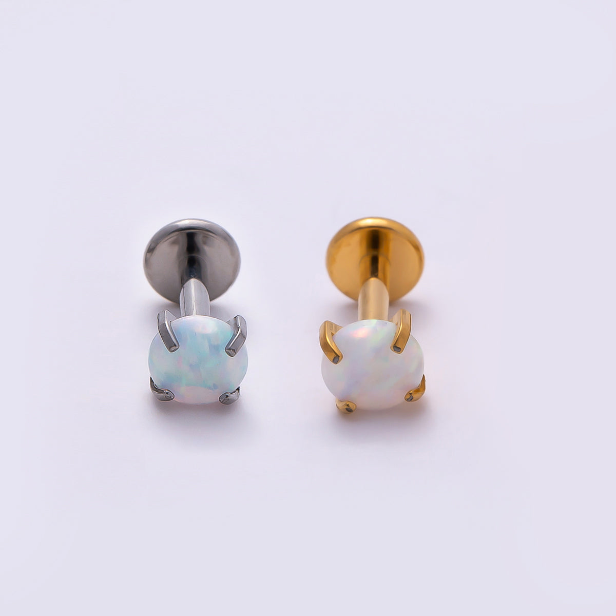 Stainless Steel 9mm White Opal Single Cartilage Piercing Flat Back Stud in Gold & Silver | Findings-00188 Findings-00189