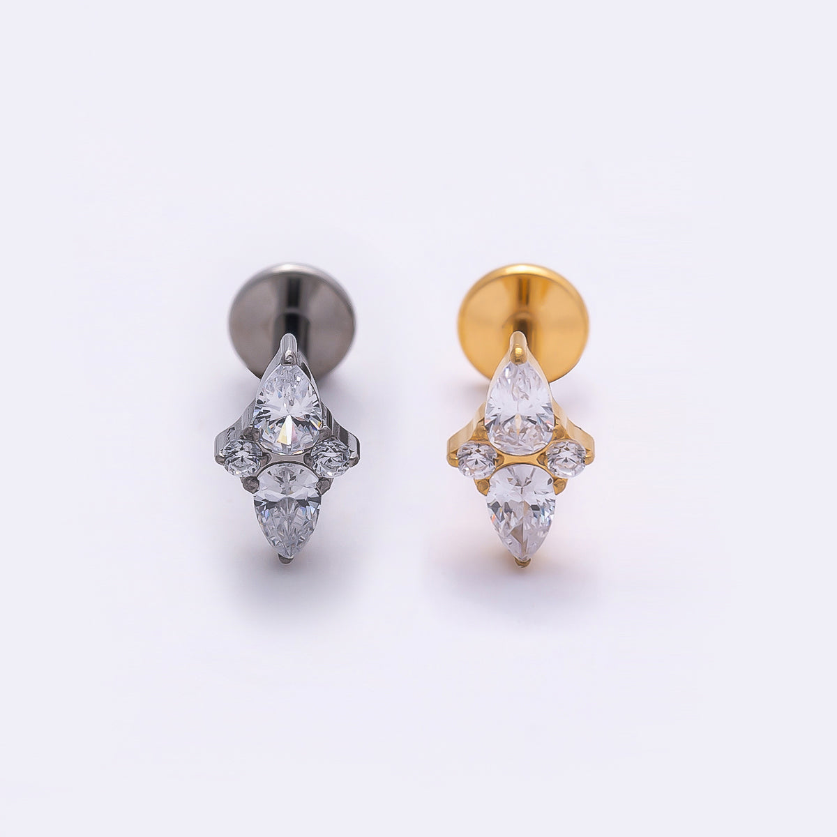 Titanium 7mm Clear CZ Teardrop Star Cartilage Piercing Flat Back Stud in Gold & Silver | Findings-00331 Findings-00332