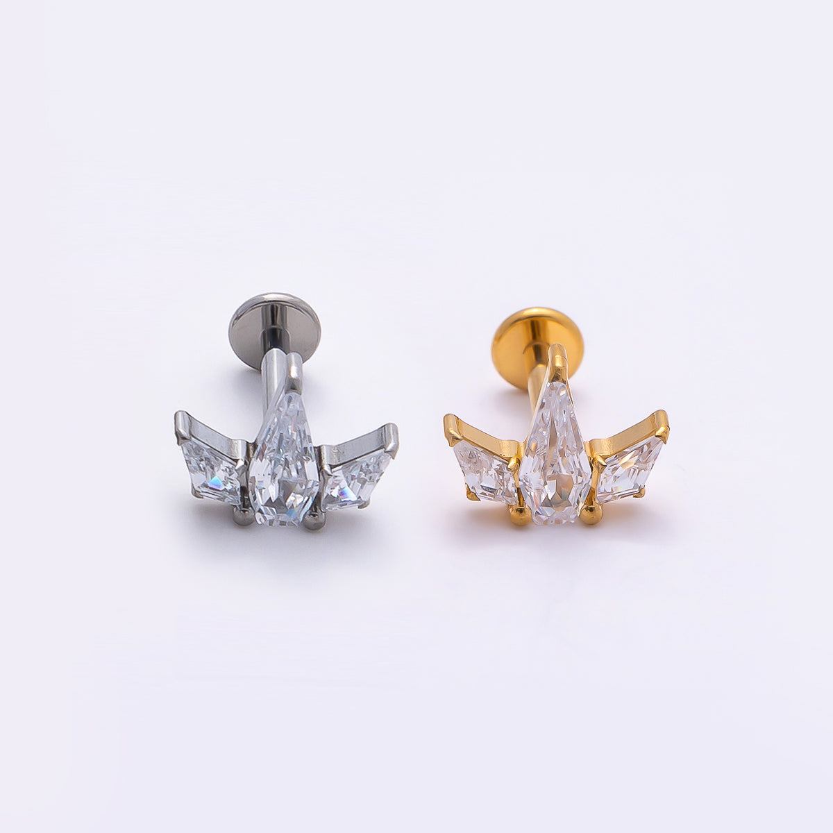 Stainless Steel 11mm Clear CZ Geometric Mini Single Cartilage Piercing Flat Back Stud in Gold & Silver | Findings-00180 Findings-00181