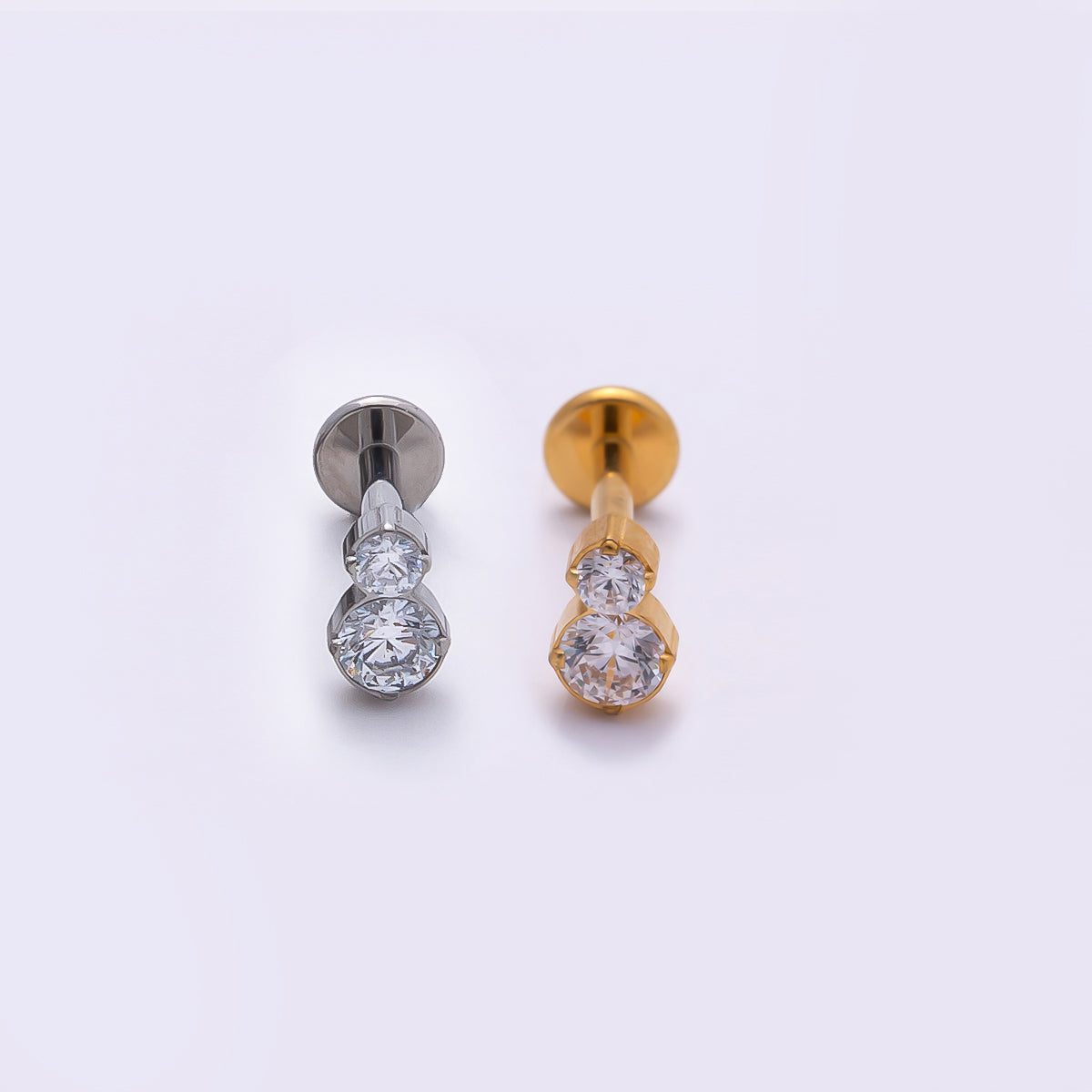 Titanium 6mm Clear CZ Double Round Cartilage Piercing Flat Back Stud in Gold & Silver | Findings-00315 Findings-00316