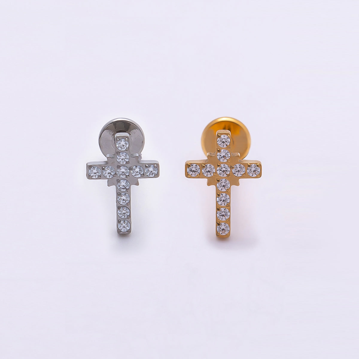 Titanium 8mm Micro Paved CZ Cross Cartilage Piercing Flat Back Stud in Gold & Silver | Findings-00397 Findings-00398