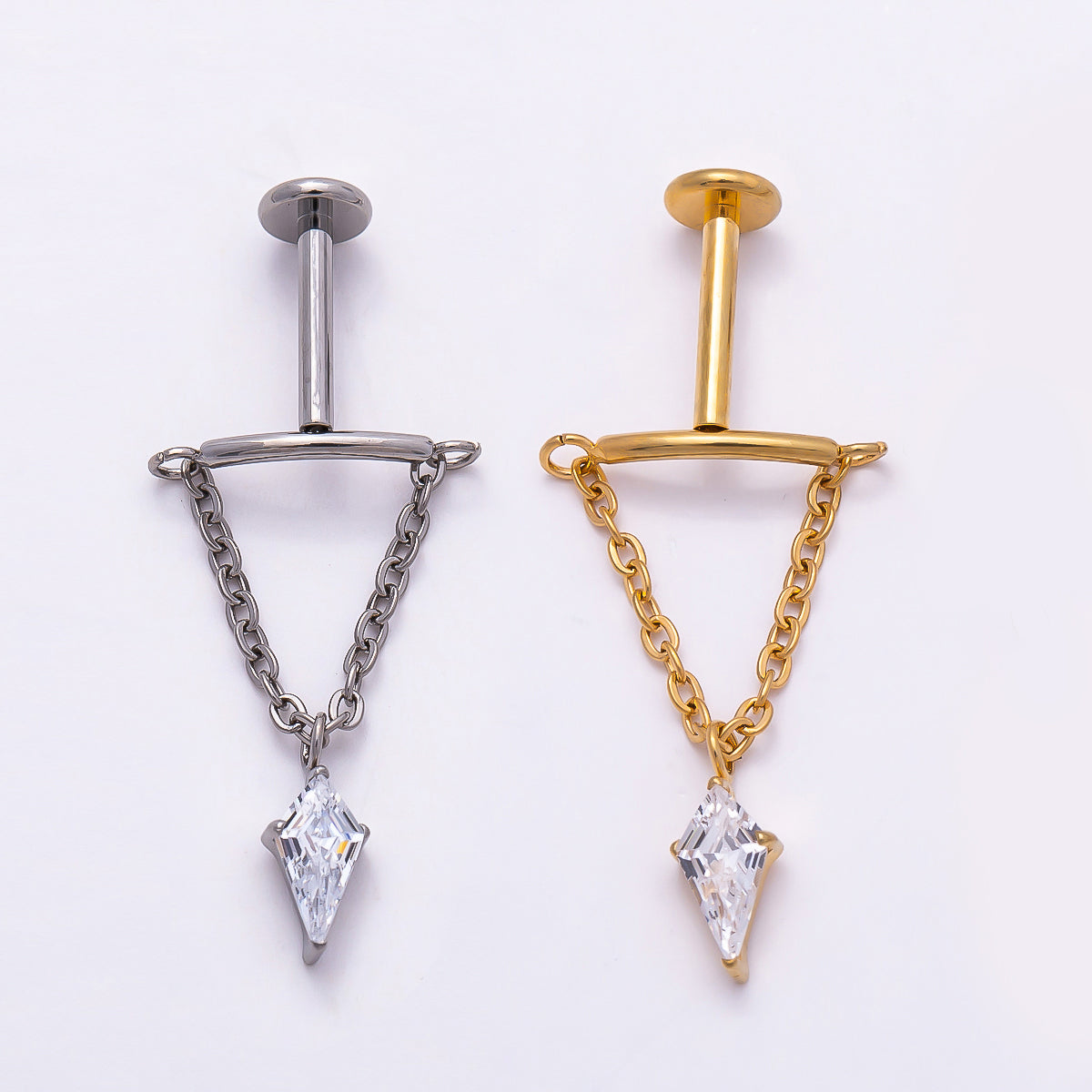 Titanium 20mm Clear CZ Kite Curved Chain Drop Cartilage Piercing Flat Back Stud in Gold & Silver | Findings-00329 Findings-00330