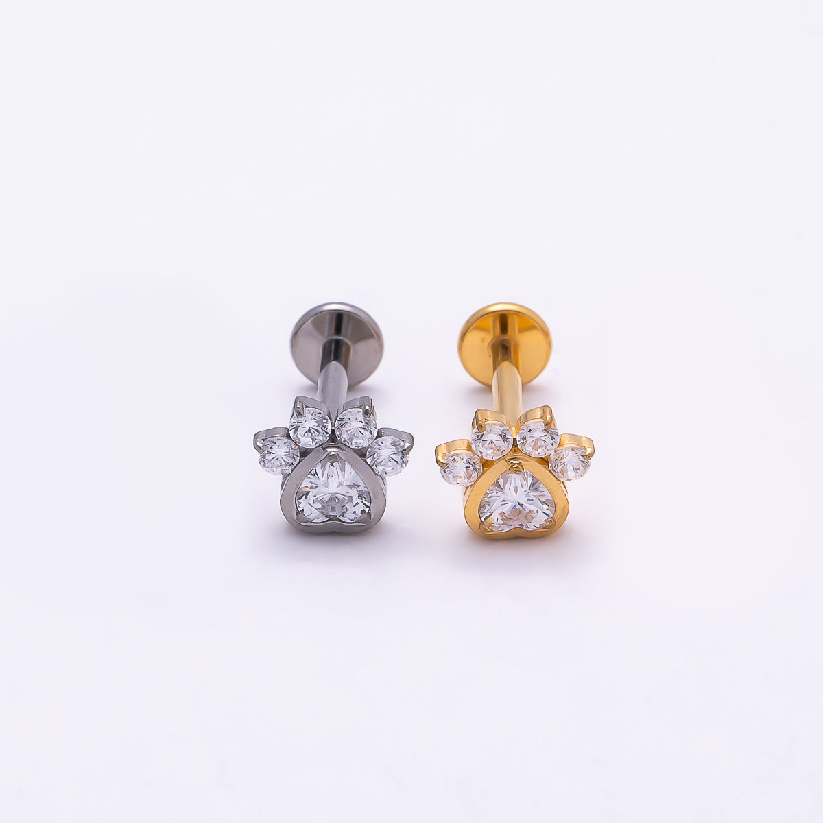Titanium 5.5mm Clear CZ Pawprint Cartilage Piercing Flat Back Stud in Gold & Silver | Findings-00385 Findings-00386