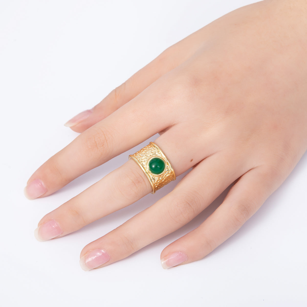 16K Gold Filled Red, Green Cabochon Gemstone Hammered Wide Band Ring | Rings-00023 Rings-00024