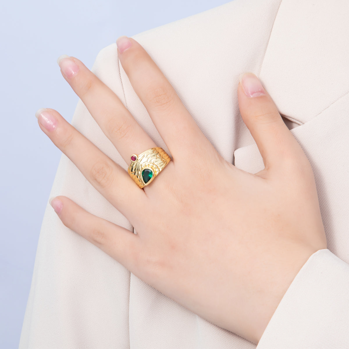 16K Gold Filled Green Fuchsia CZ Textured Wide Band Ring | Rings-00028