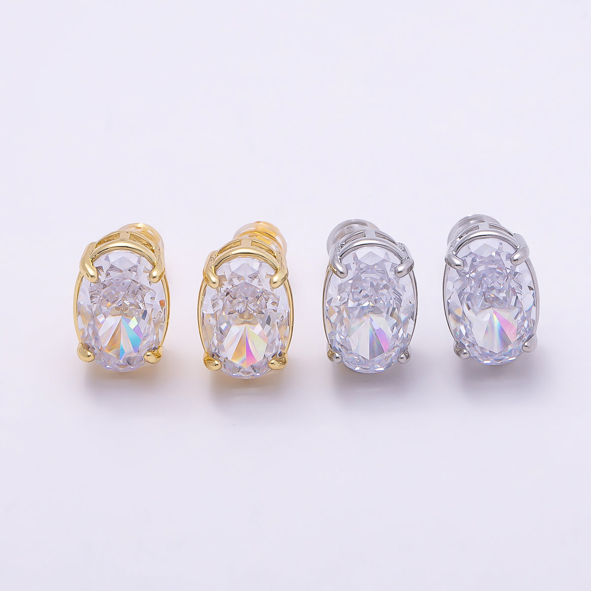 16K Gold Filled 13mm Clear Oval CZ Stud Earrings in Gold & Silver | Earrings-00403 Earrings-00404
