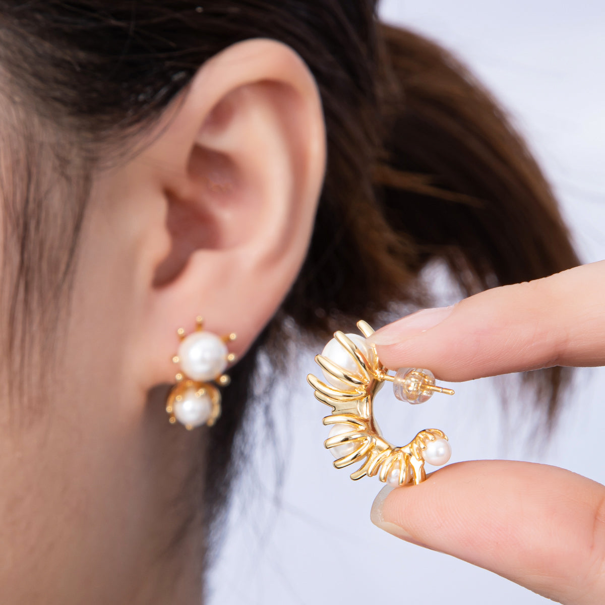 14K Gold Filled 23mm Curved Ribbed with Pearls J-Hoop Earrings | EARRINGS-00044