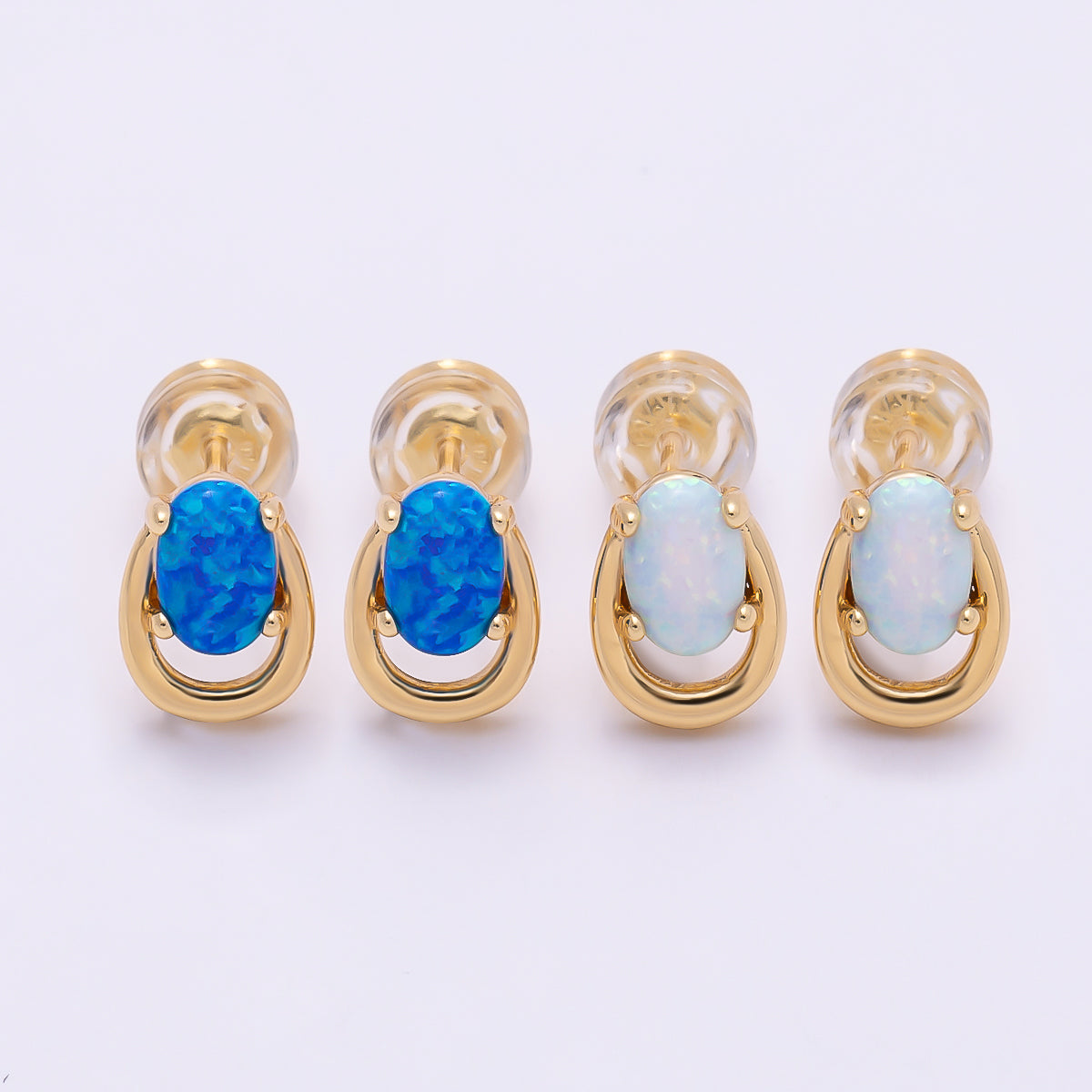 16K Gold Filled 14mm White, Blue Opal Gemstone Open Bezel Stud Earrings | Earrings-00460 Earrings-00461