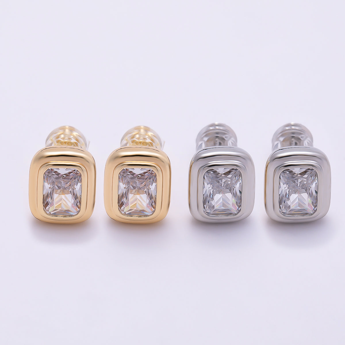 16K Gold Filled 10mm Clear CZ Baguette Bezel Stud Earrings in Gold & Silver | Earrings-00419 Earrings-00420