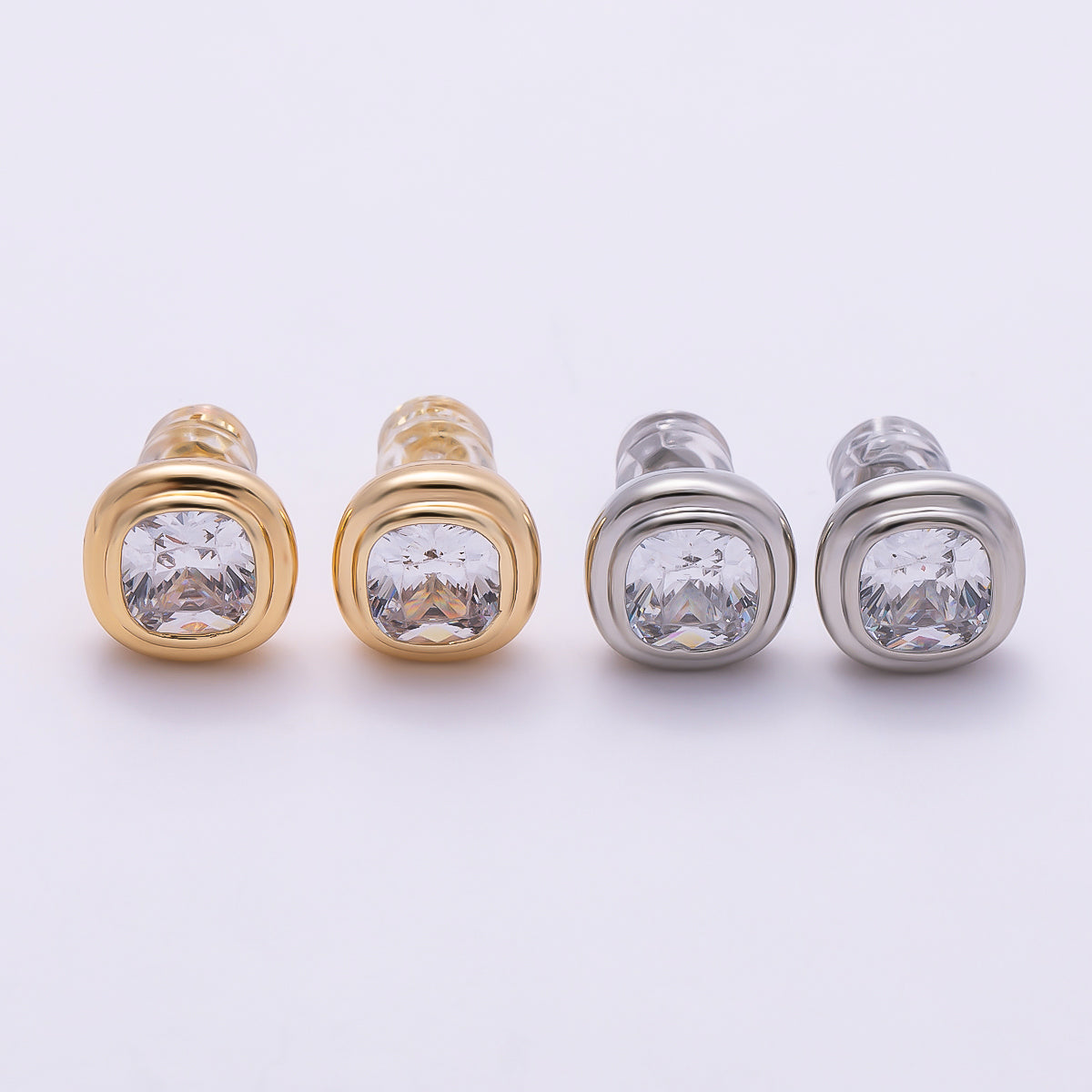 16K Gold Filled 9mm Clear CZ Square Bezel Stud Earrings in Gold & Silver | Earrings-00421 Earrings-00422