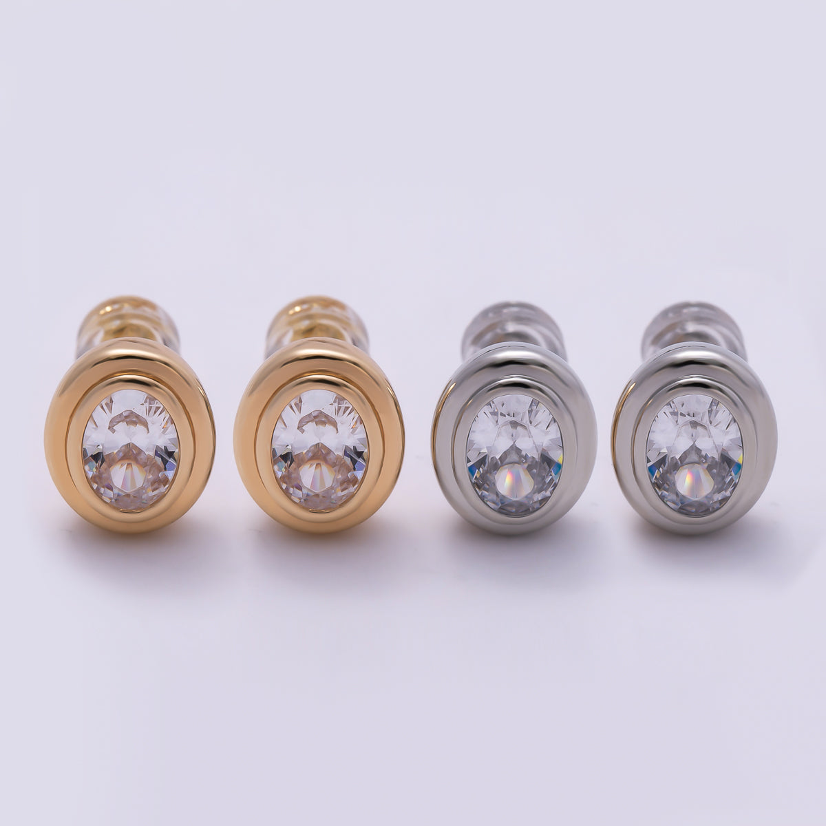 16K Gold Filled 10mm Clear CZ Oval Bezel Stud Earrings in Gold & Silver | Earrings-00413 Earrings-00414