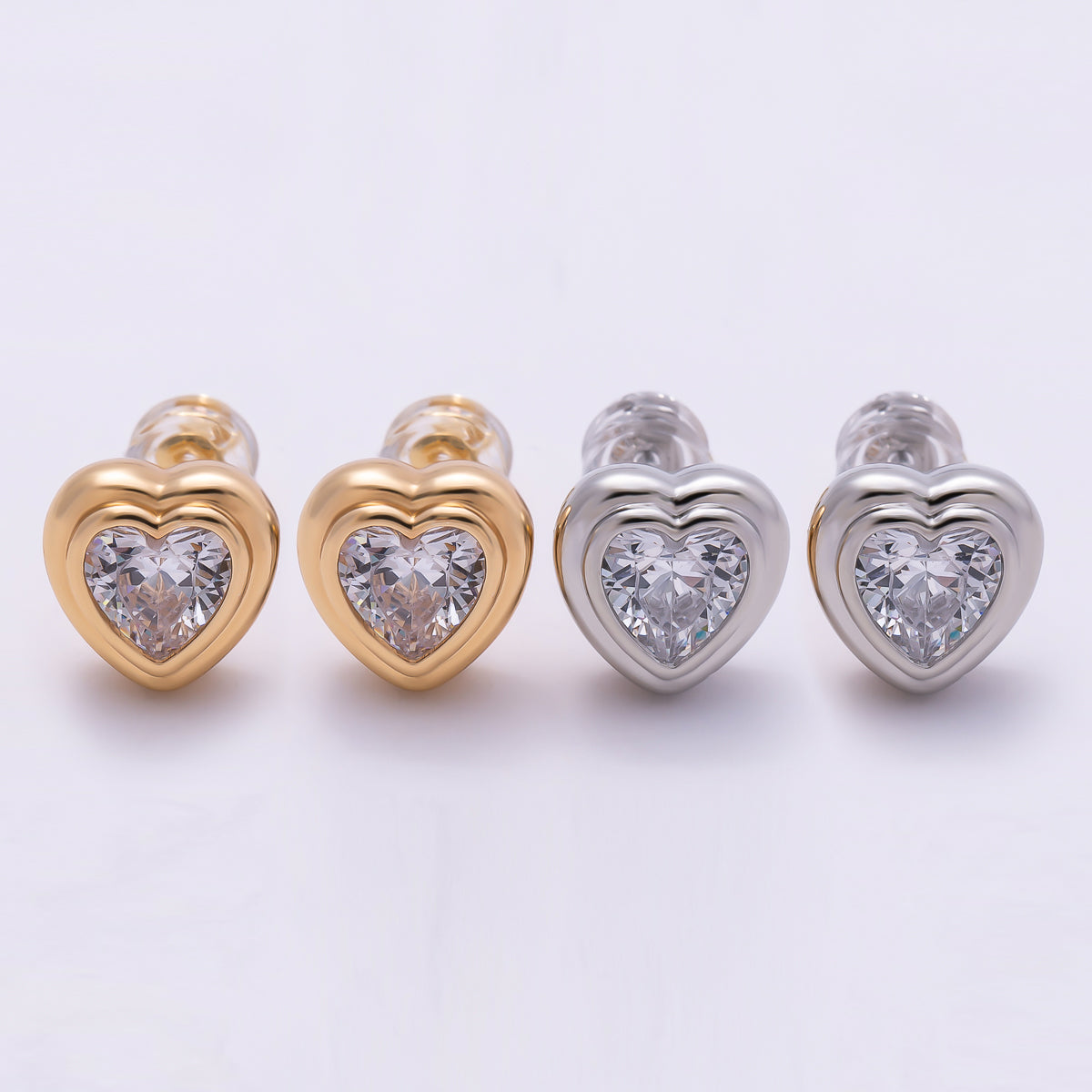 16K Gold Filled 9mm Clear CZ Love Heart Bezel Stud Earrings in Gold & Silver | Earrings-00417 Earrings-00418