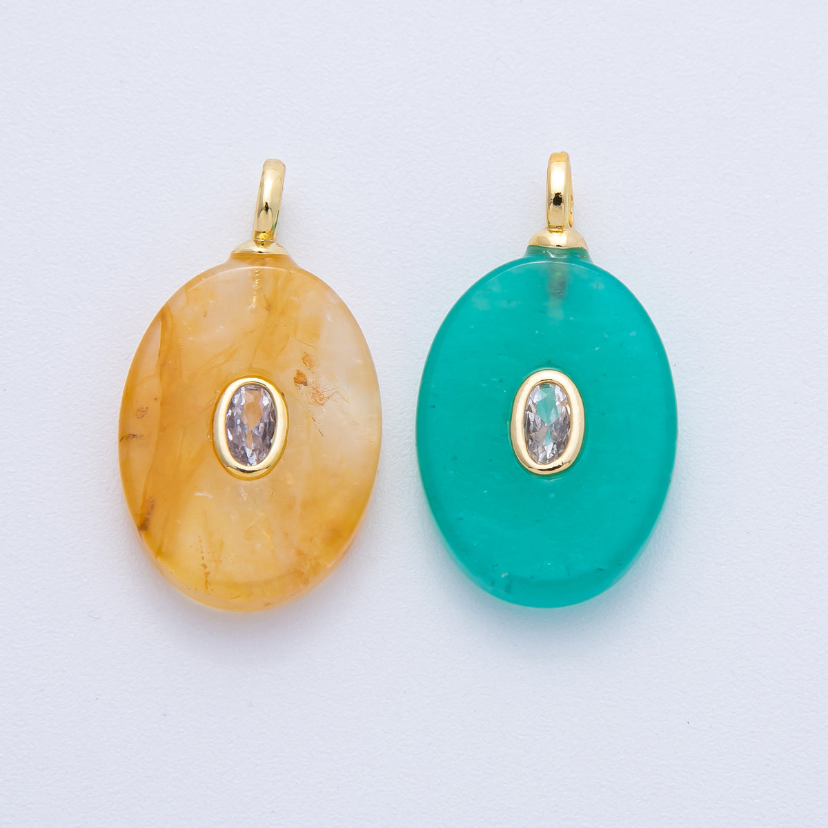 18K Gold Filled Orange, Teal 27mm CZ Embedded Natural Gemstone Oval Geometric Charm | AK207