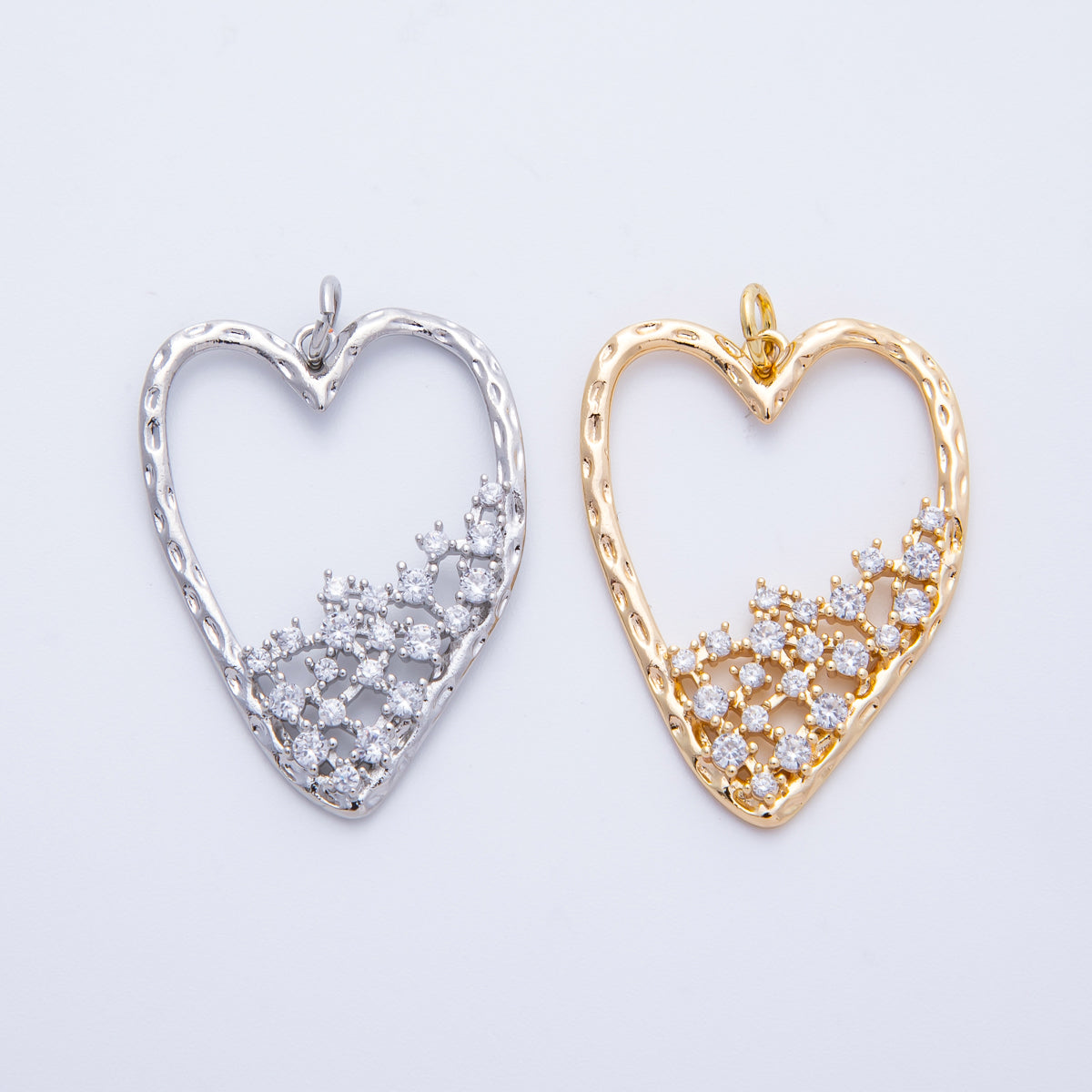 18K Gold Filled Clear CZ Gradient Open Hammered Heart in Gold & Silver | Charms-00312 Charms-00313