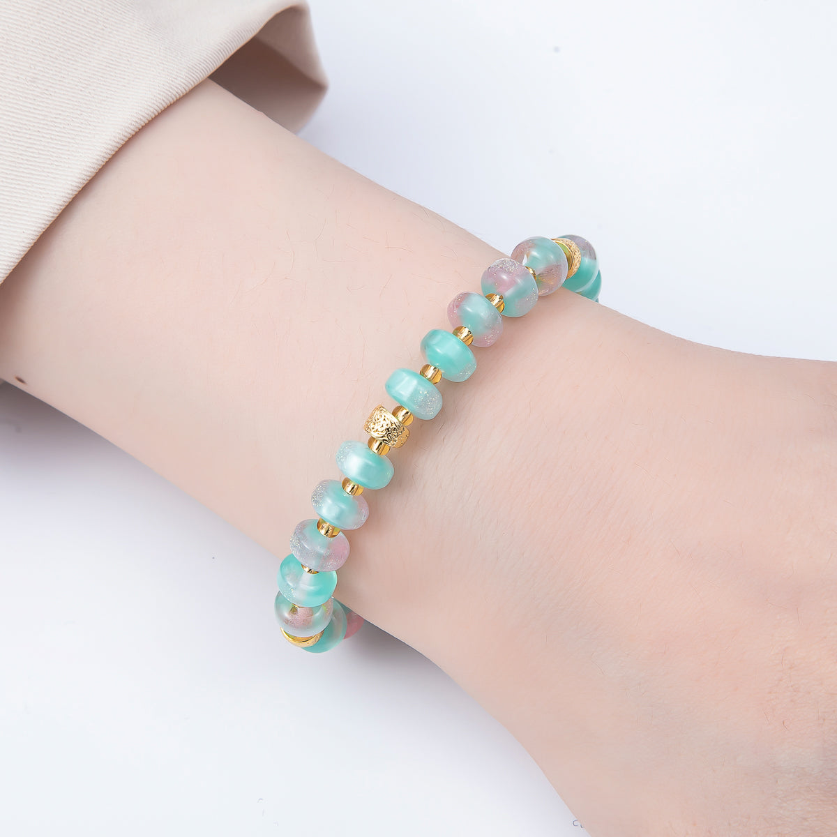 Stainless Steel 8mm Orange, Yellow, Blue, Green, Pink Glitter Rondelle Bead Resin 7 Inch Bracelet w. Extender | WA-04554 ~ WA-04558