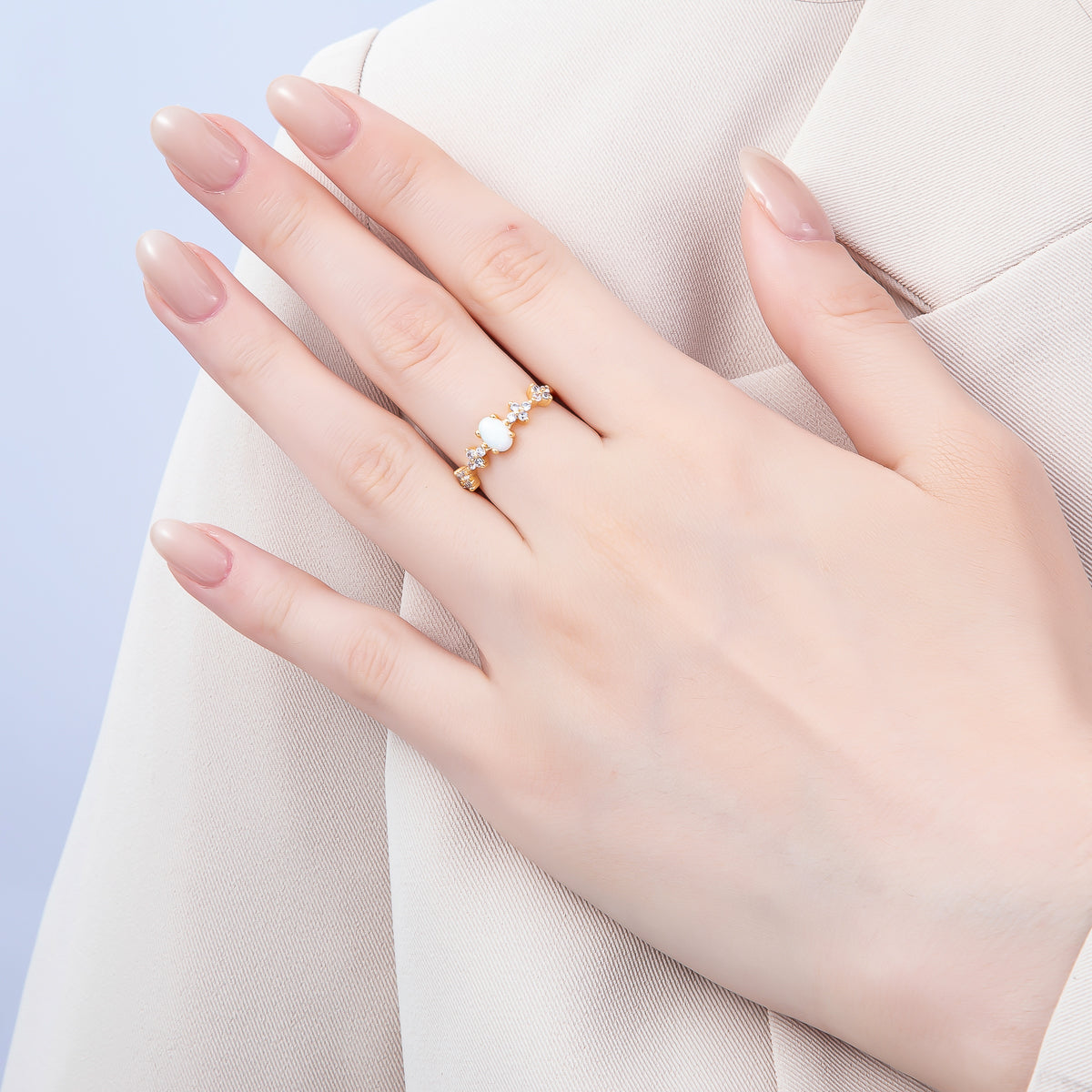 16K Gold Filled White Opal Clear CZ Flower Leaf Adjustable Ring | Rings-00139