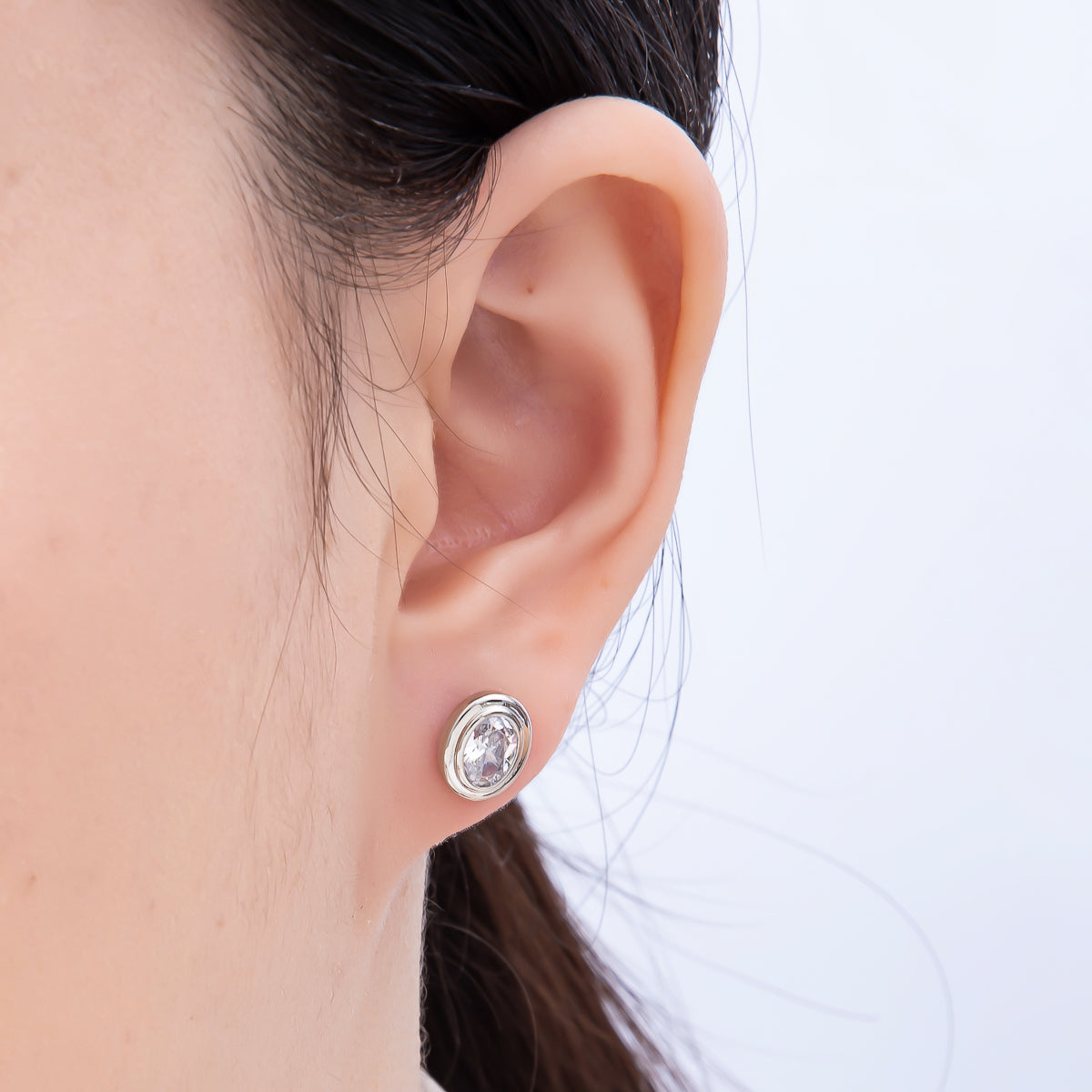 16K Gold Filled 10mm Clear CZ Oval Bezel Stud Earrings in Gold & Silver | Earrings-00413 Earrings-00414