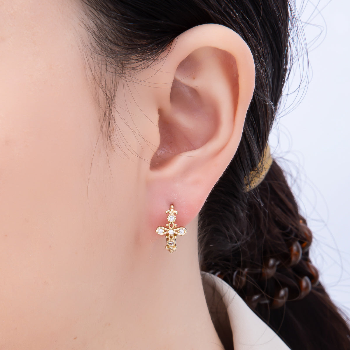 16K Gold Filled 17mm Clear CZ Religious Passion Cross Huggie Earrings | Earrings-00446