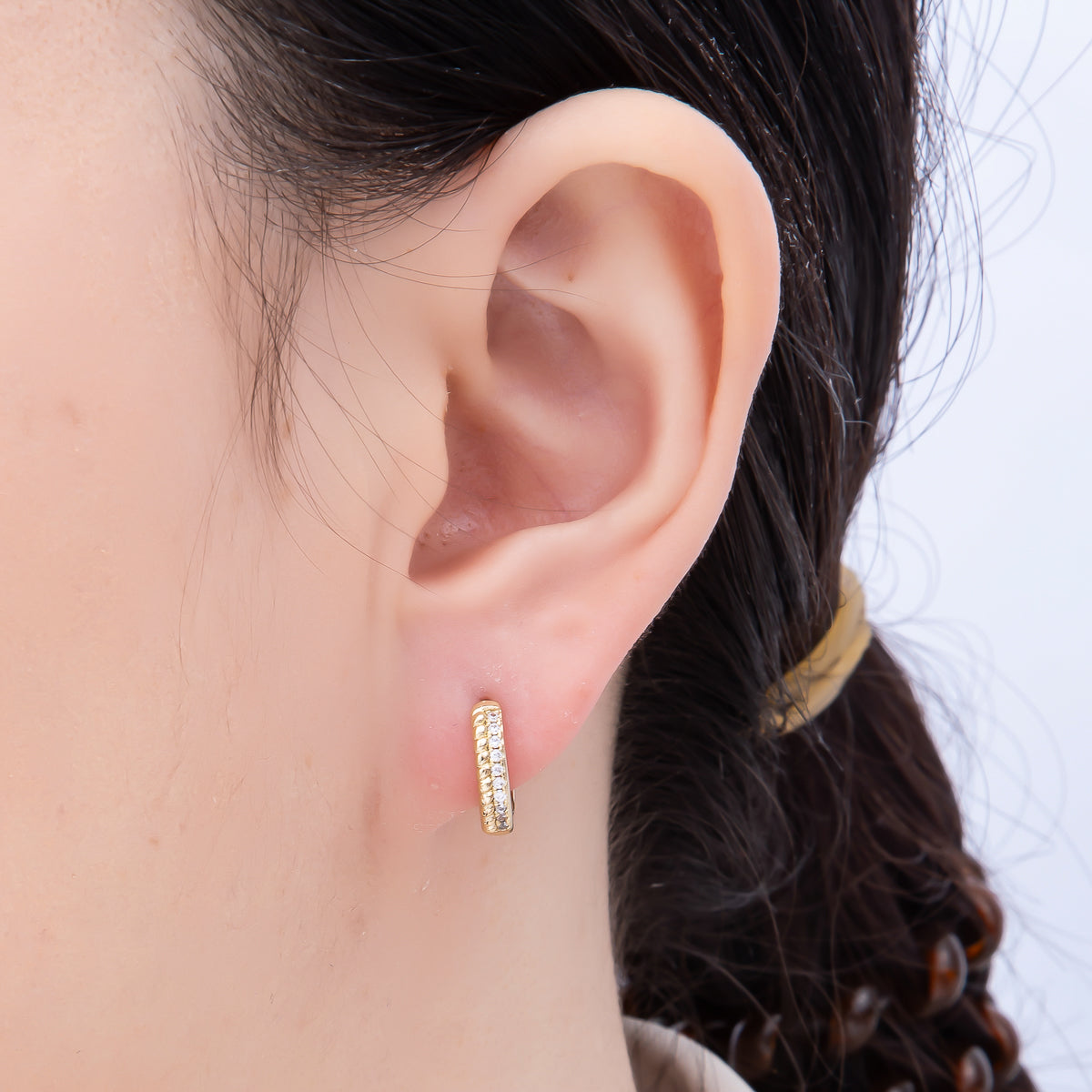 16K Gold Filled 13mm Micro Paved CZ Croissant Lined Cartilage Huggie Earrings | Earrings-00437
