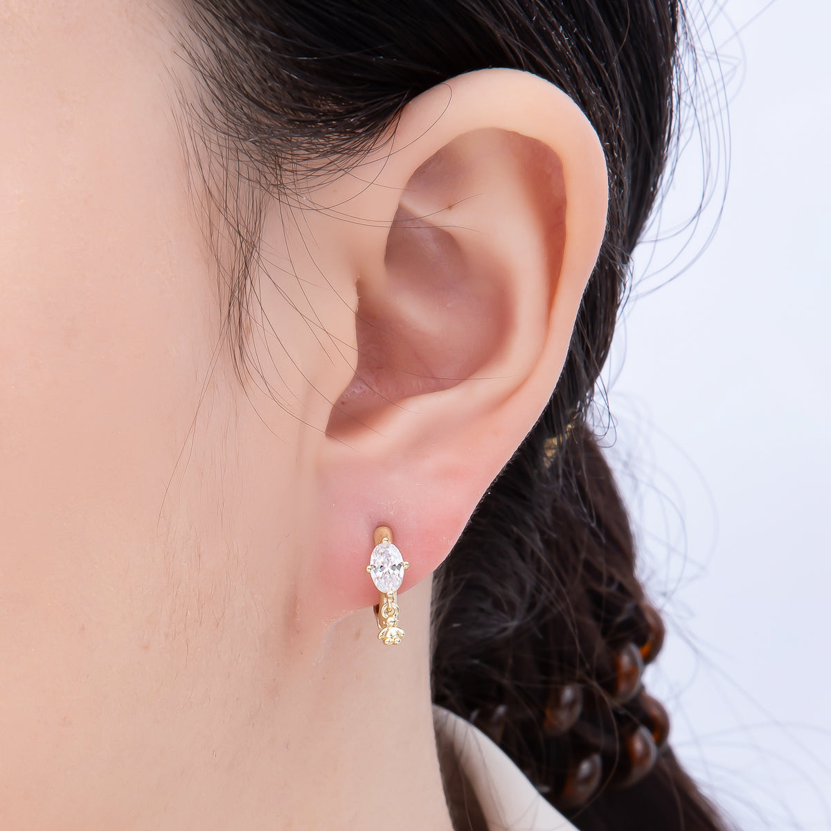 16K Gold Filled 15mm Oval Clear CZ Teddy Bear Drop Huggie Earrings | Earrings-00445