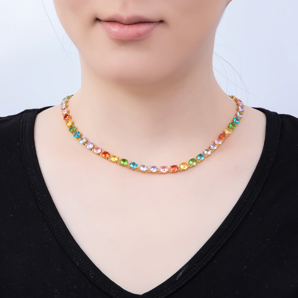 16K Gold Filled 6mm Multicolor Rainbow Round CZ Tennis Chain 17 Inch Adjustable Necklace | WA-04599