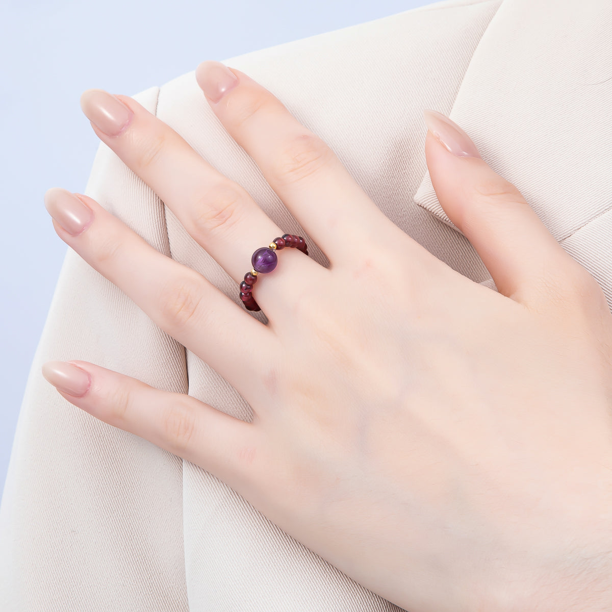 16K Gold Filled Natural Gemstone Round Beaded Elastic Stretch Ring | Rings-00096 ~ Rings-00107