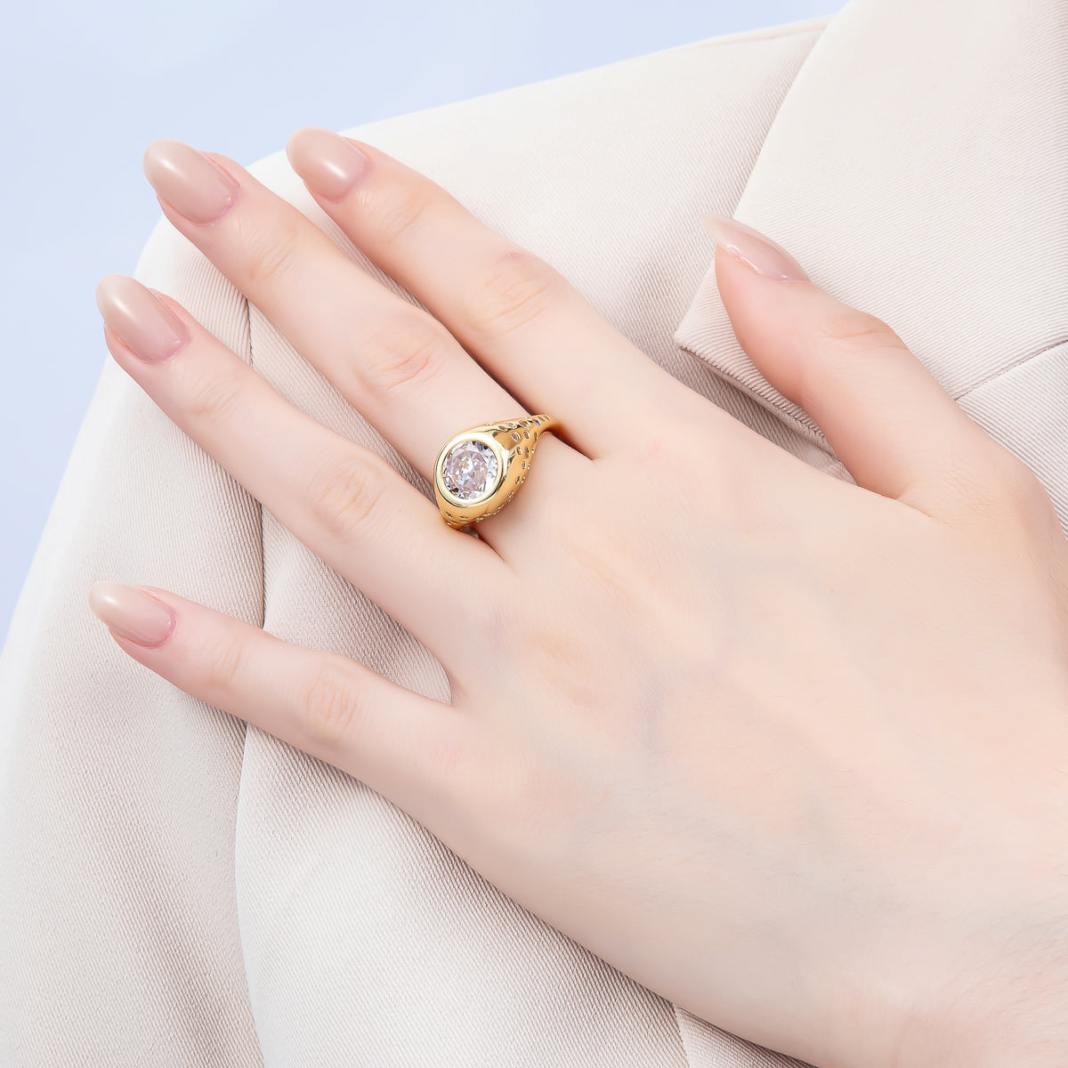 16K Gold Filled Clear Oval CZ Dotted Signet Ring in Gold & Silver | Rings-00124 Rings-00170