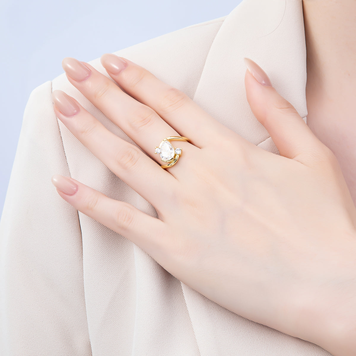 16K Gold Filled Clear Teardrop CZ Curved Solitaire Ring in Gold & Silver | Rings-00123 Rings-00171