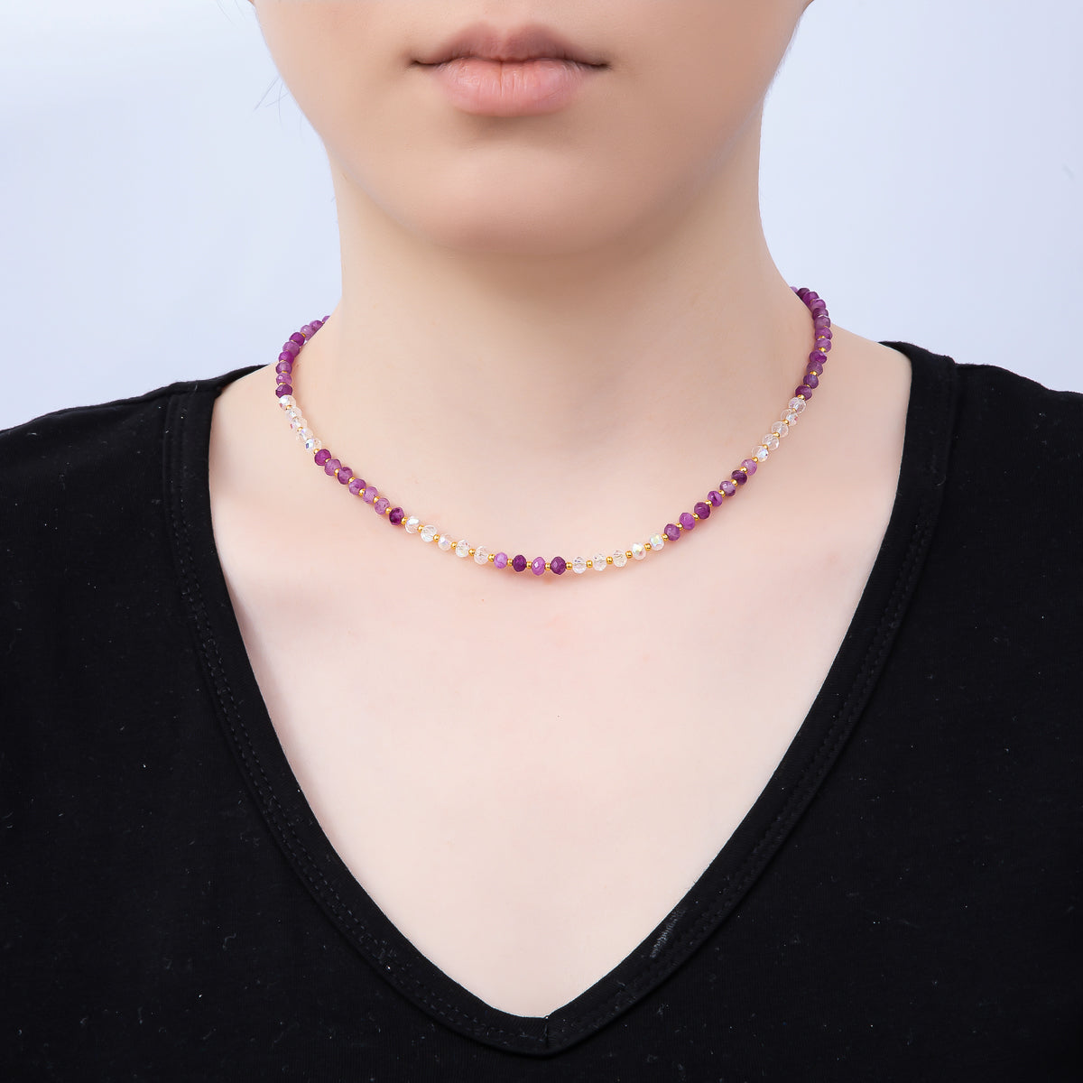 Handmade Stainless Steel 2mm AB Amethyst Gemstone Chain 16 Inch Necklace | WA-04640