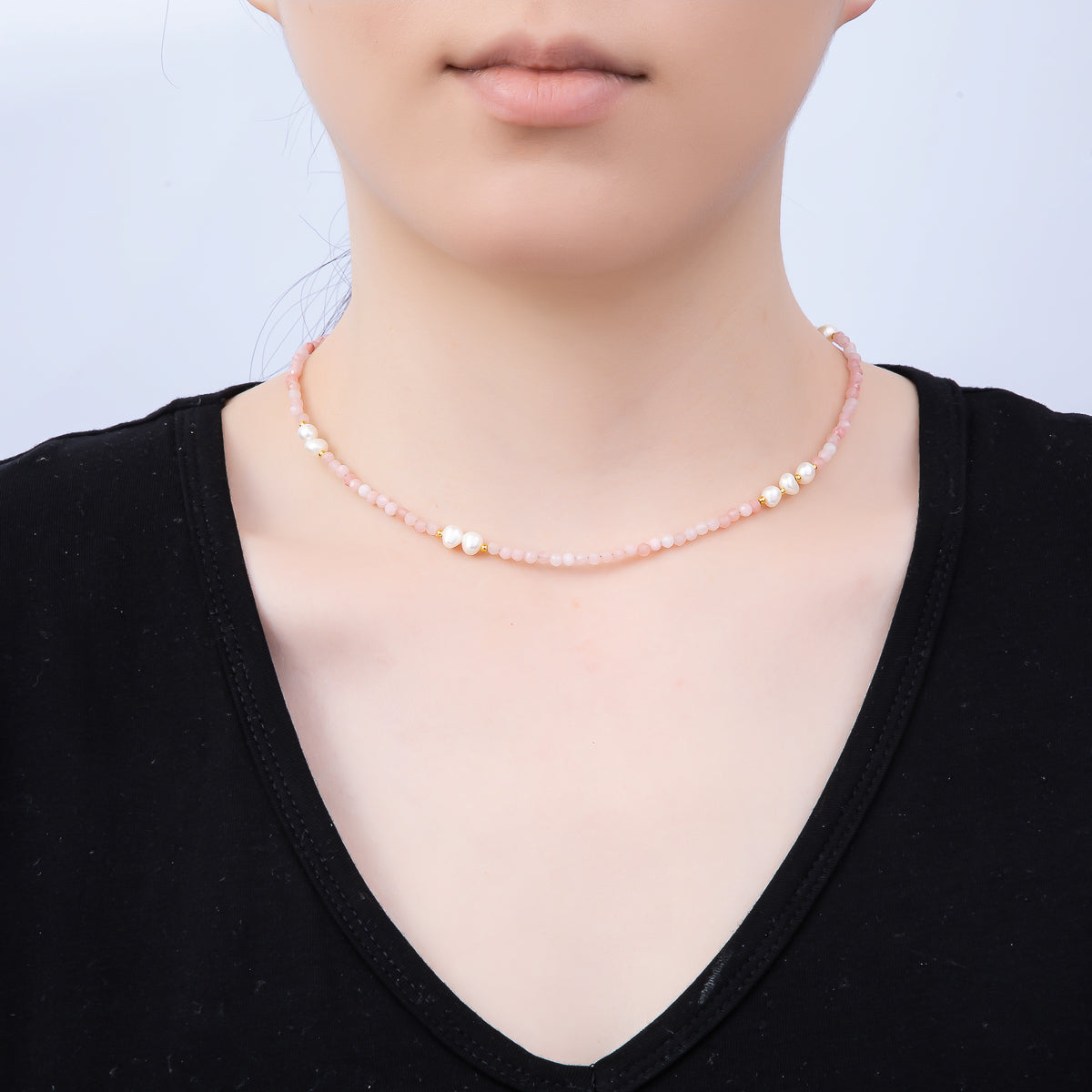 Handmade Stainless Steel 2mm Shell Pearl Rose Quartz Gemstone Chain 16 Inch Necklace | WA-04643