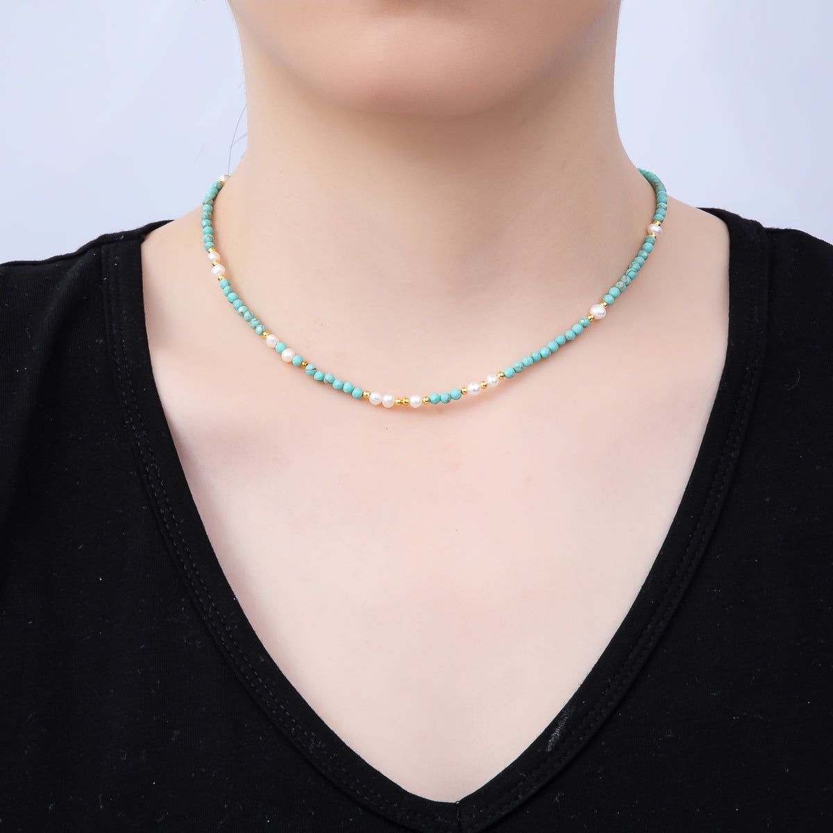 Handmade Stainless Steel 2mm Blue Turquoise Shell Pearl Gemstone Chain 16 Inch Necklace | WA-04650