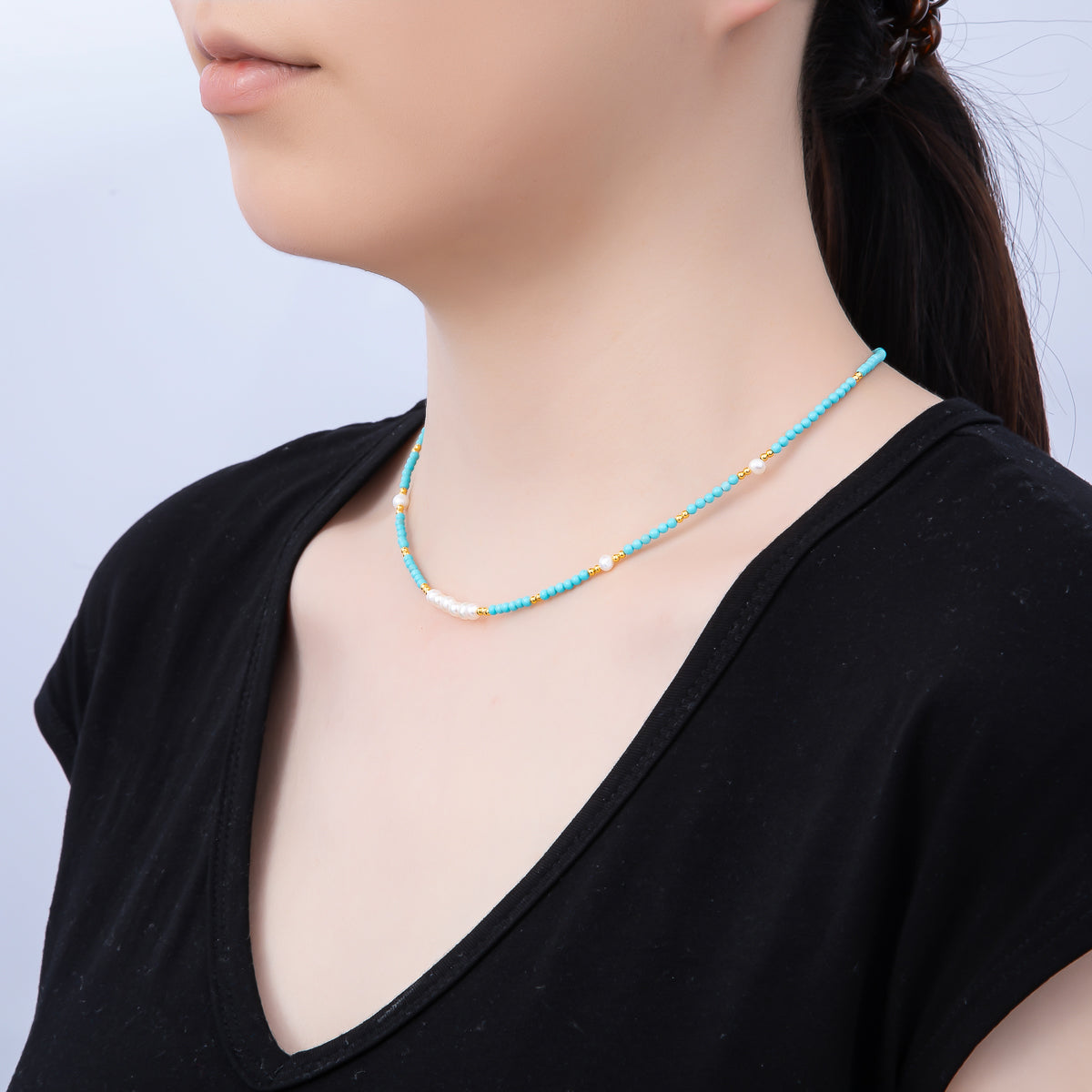 Handmade Stainless Steel 2.5mm Blue Turquoise Shell Pearl Bead Gemstone Chain 16 Inch Necklace | WA-04654