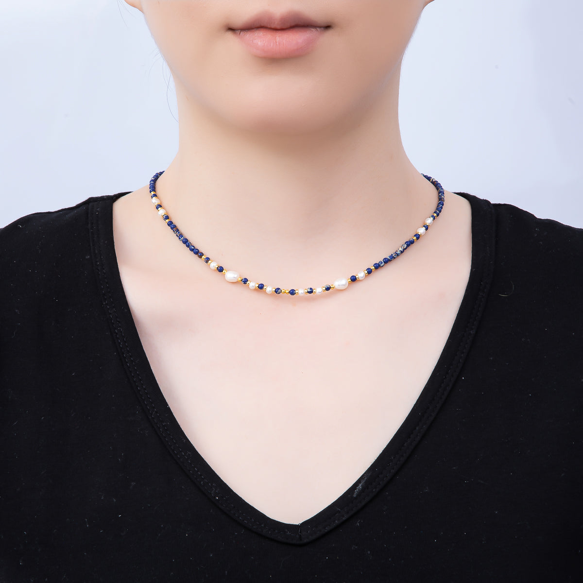 Handmade Stainless Steel 3mm Shell Pearl Lapis Lazuli Gemstone Chain 16 Inch Necklace | WA-04649