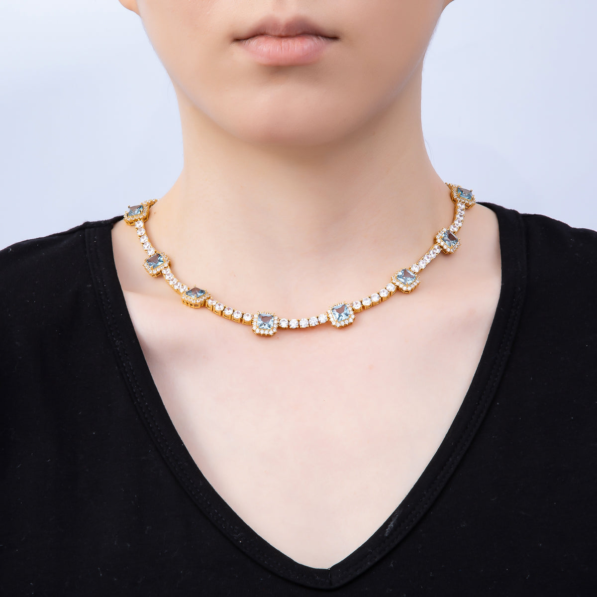 16K Gold Filled 4mm Blue Baguette CZ Tennis Chain 16.5 Inch Adjustable Necklace | WA-04678
