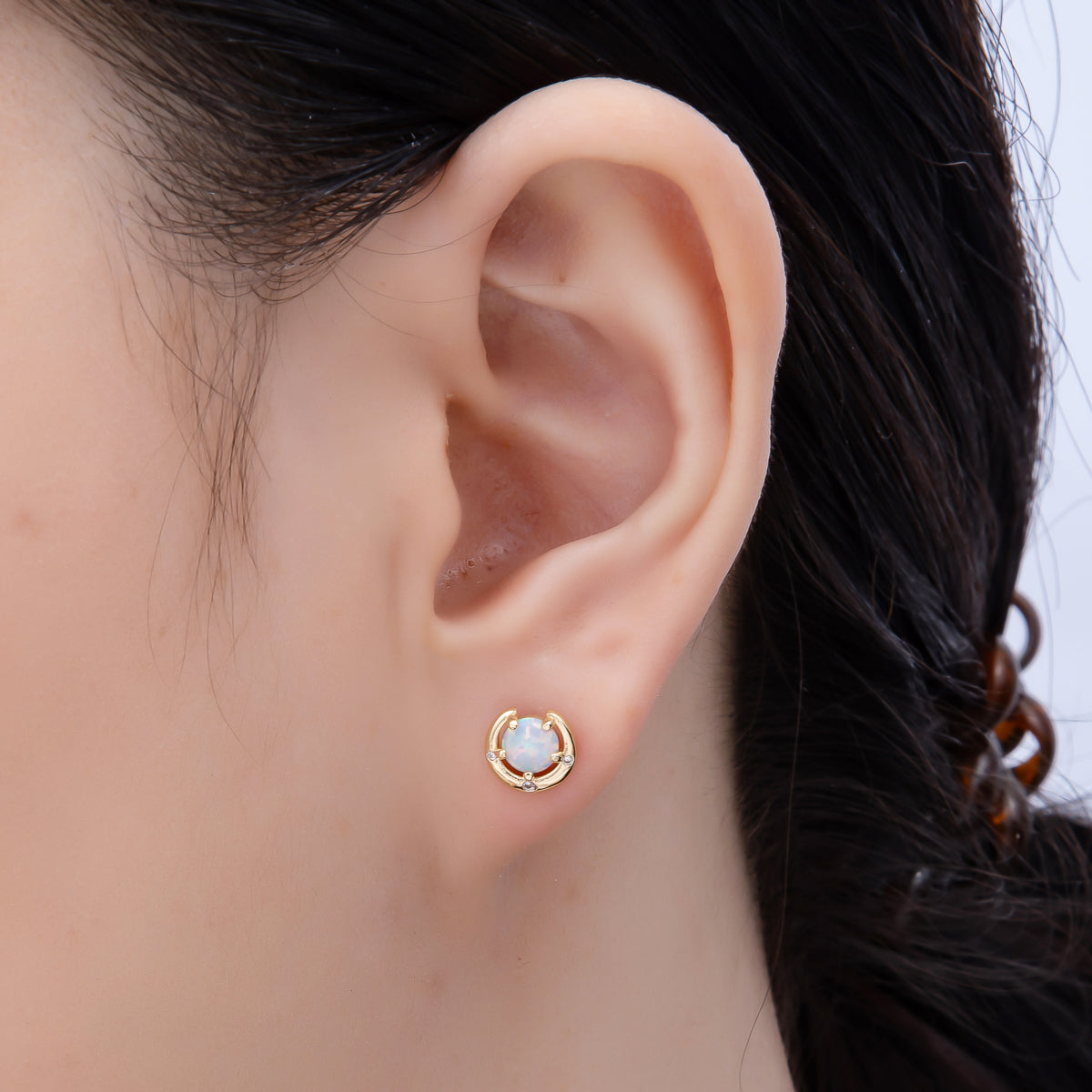 14K Gold Filled 8mm White, Blue Opal Clear CZ Dotted Curved Round Bezel Stud | Earrings-00464 Earrings-00465