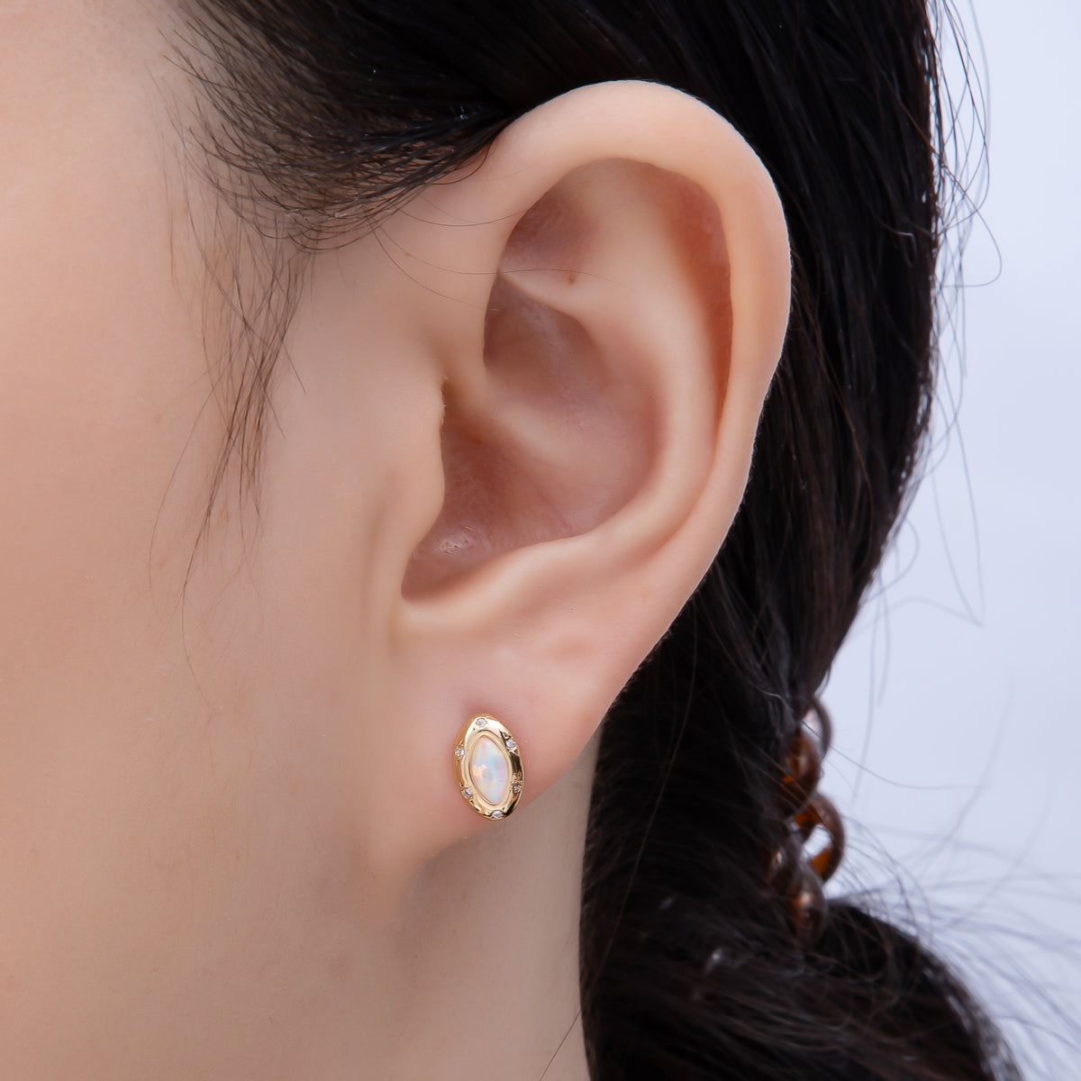 14K Gold Filled 9.5mm White, Blue Opal CZ Star Dotted Marquise Navette Bezel Stud | Earrings-00466 Earrings-00467