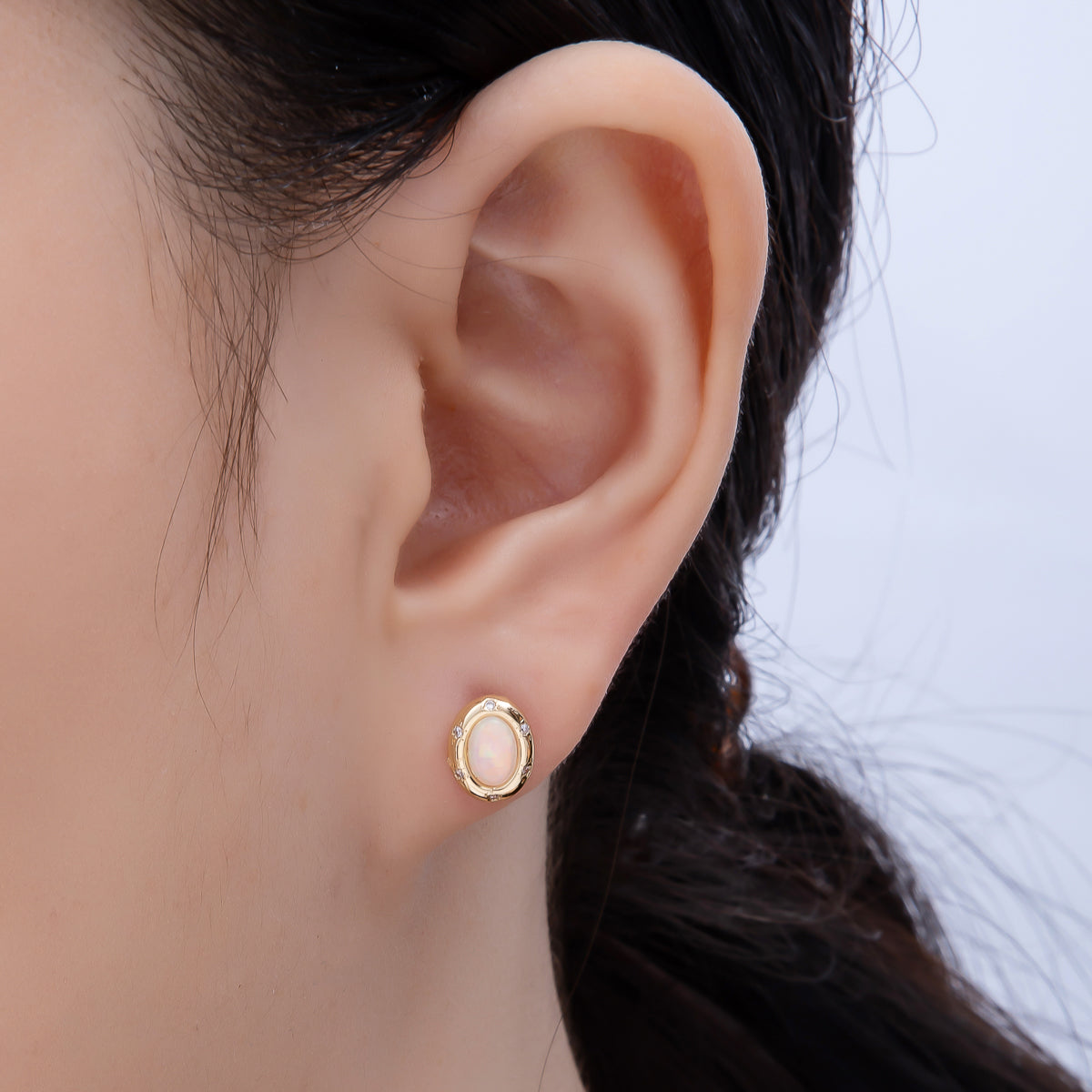 16K Gold Filled 14mm White, Blue Opal CZ Dotted Oval Bezel Stud Earrings | Earrings-00462- Earrings-00463
