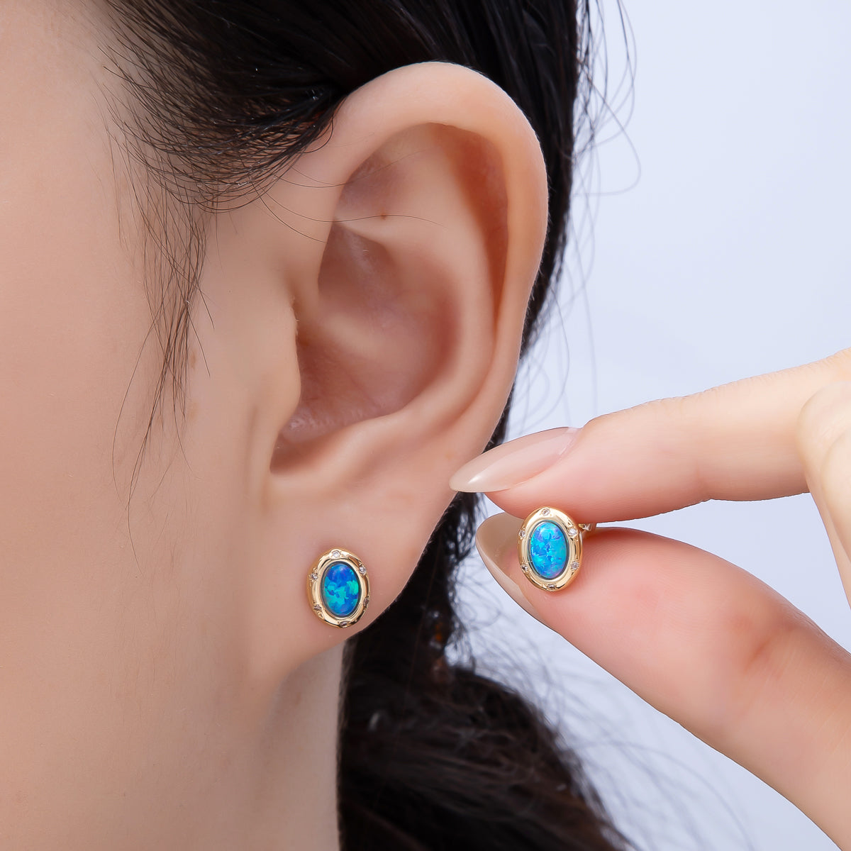 16K Gold Filled 14mm White, Blue Opal CZ Dotted Oval Bezel Stud Earrings | Earrings-00462- Earrings-00463