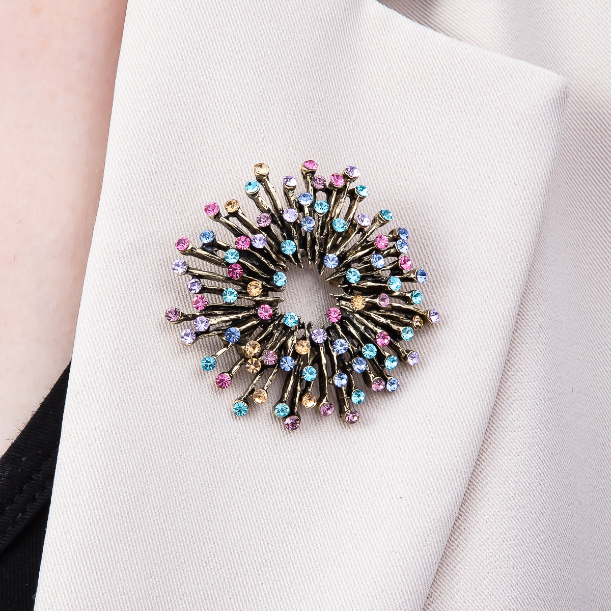 Vintage Gold 47mm Multicolor Rhinestone Sunburst Ray Pin Brooch | BH-00155