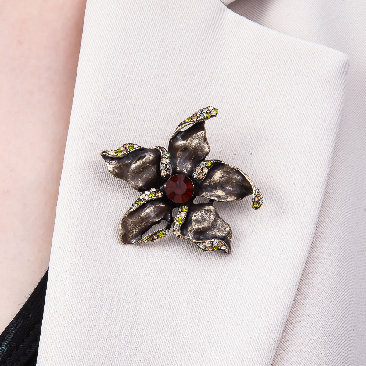 Vintage Gold 45mm Multicolor Rhinestone Foil Flower Pin Brooch | BH-00156