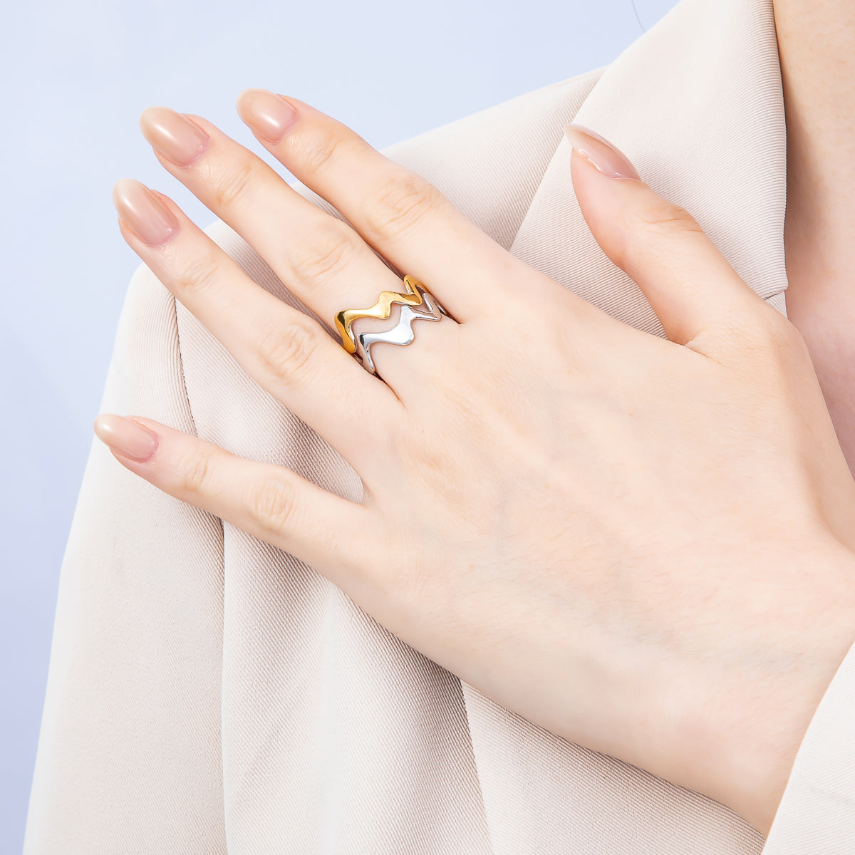 Stainless Steel Mixed Metal Geometric Curve Wave Double Band Ring | Rings-00191