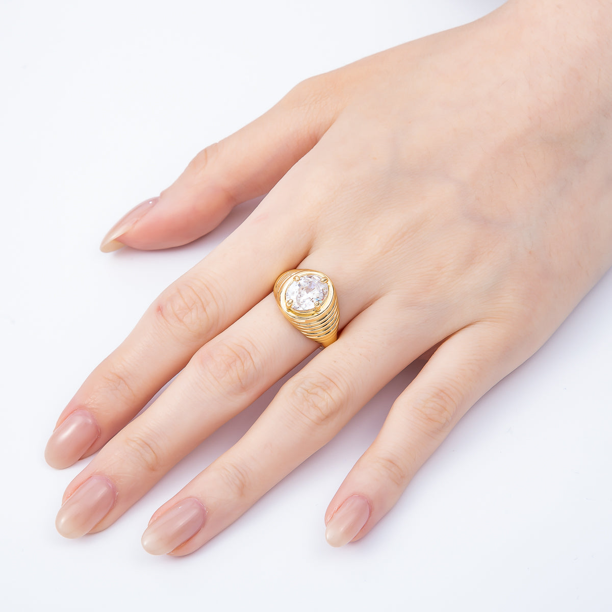 16K Gold Filled Clear CZ Round Solitaire Ribbed Signet Ring | Rings-00169