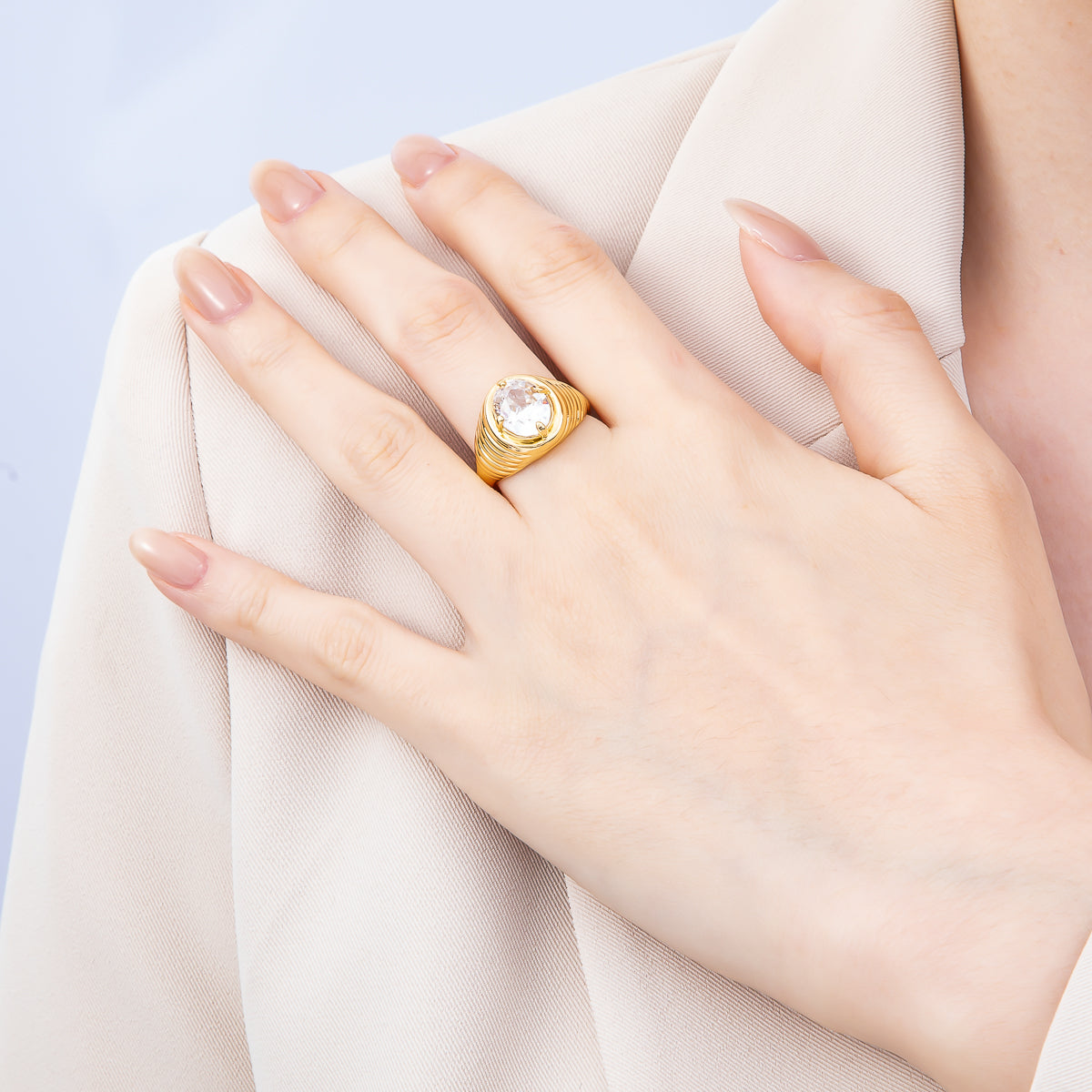 16K Gold Filled Clear CZ Round Solitaire Ribbed Signet Ring | Rings-00169