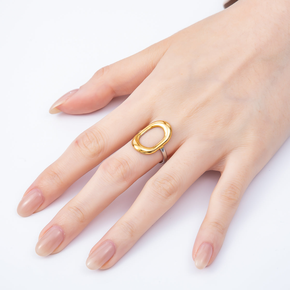 Stainless Steel Mixed Metal Open Molten Oval Ring | Rings-00175